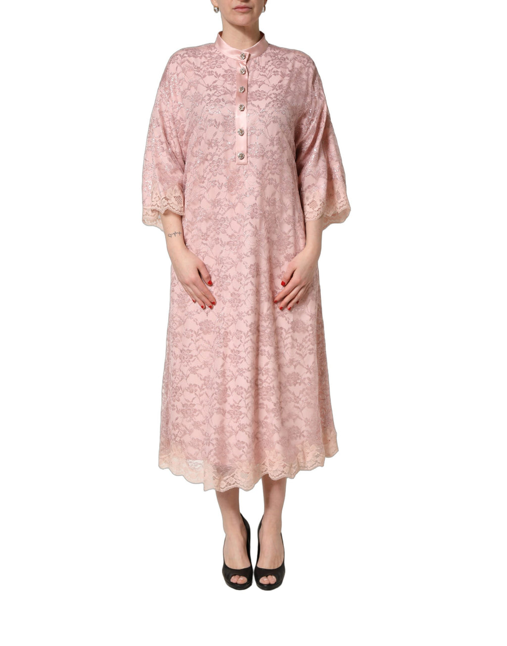 Dolce & Gabbana Pink Corded Floral Lace Kaftan Midi Dress