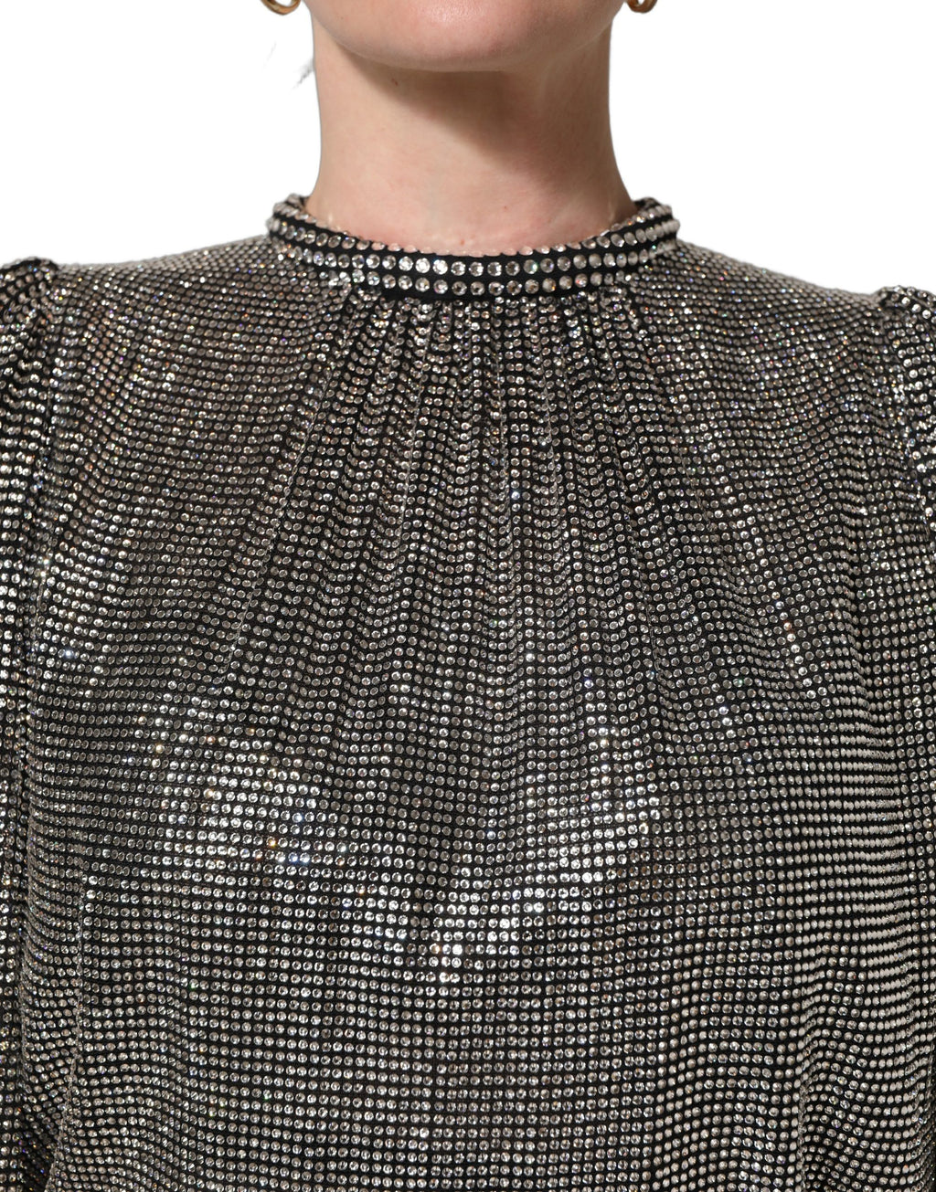 Dolce & Gabbana Silver Rhinestones Long Sleeves Bodysuit Mini Dress
