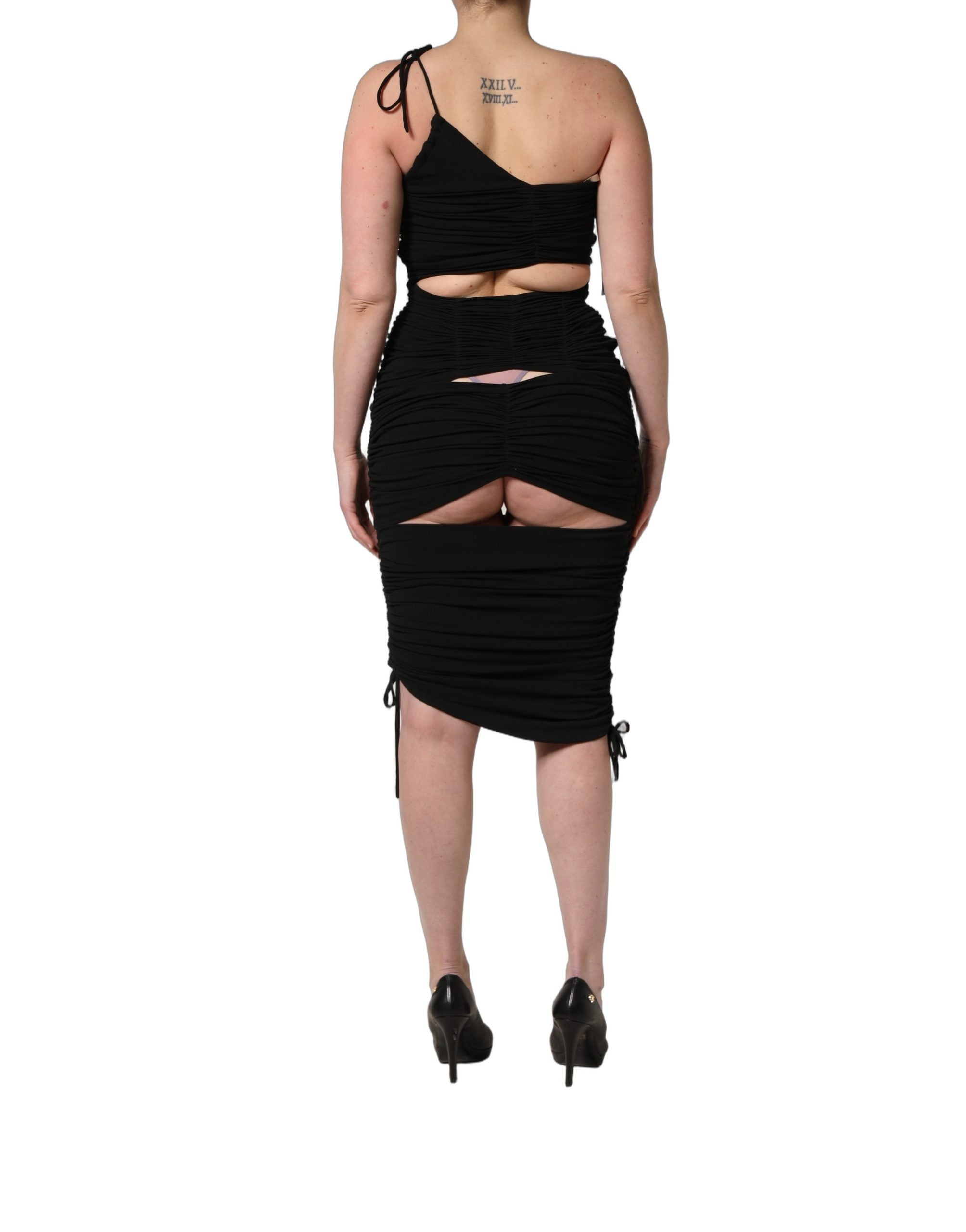 Dolce & Gabbana Black Jersey Calf Length Cut-Out Ruched Dress