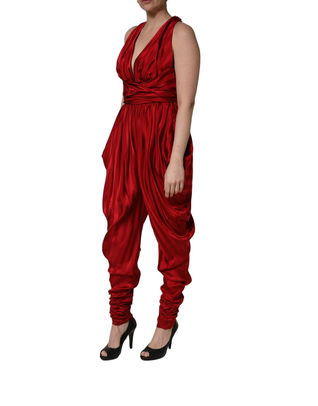 Dolce & Gabbana Red Plunging HalterNeck Draped Jumpsuit Dress