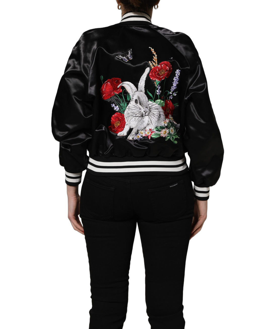 Dolce & Gabbana Black Satin Floral Embroidery Bomber Jacket