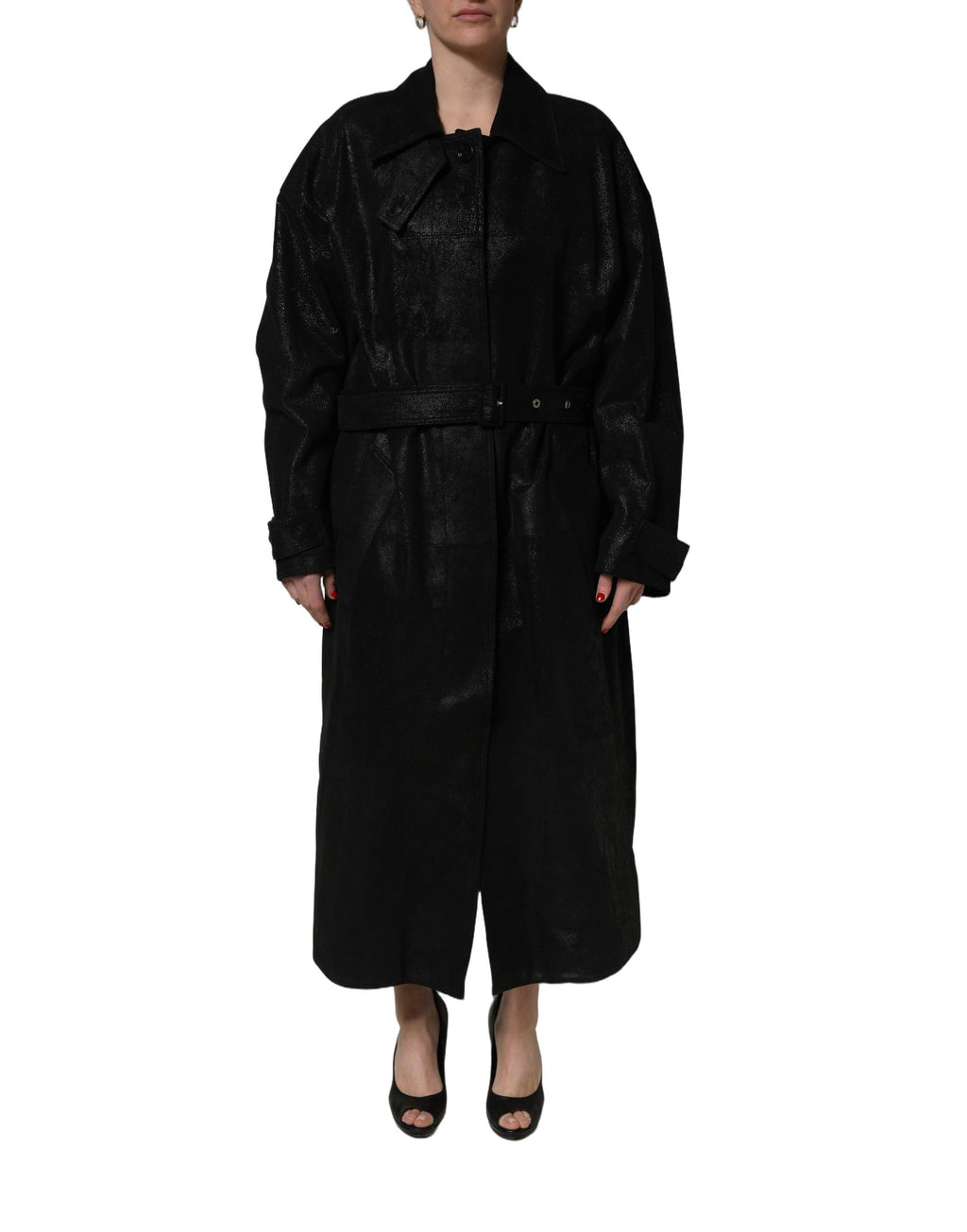 Dolce & Gabbana Black Belted Sheepskin Trench Coat Jacket