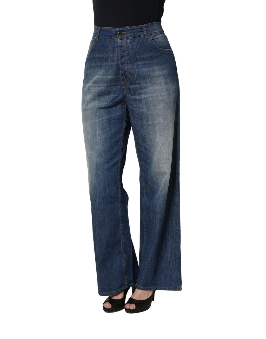PINKO Blue Washed High Waist Wide Leg Denim Cotton Stretch Jeans