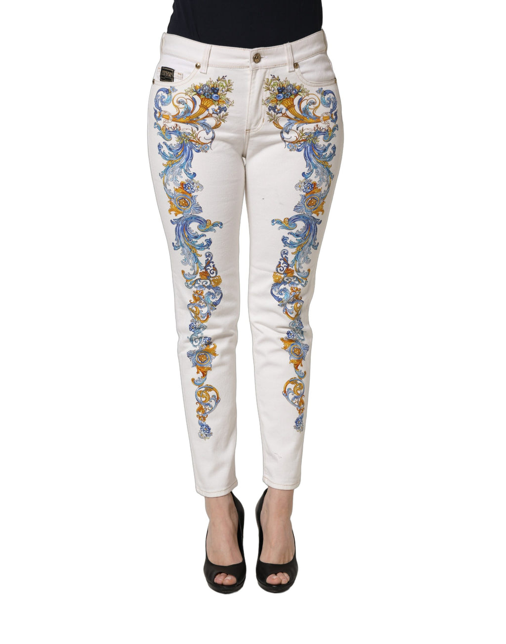 Versace Jeans Couture White Floral Print Skinny Denim Jeans