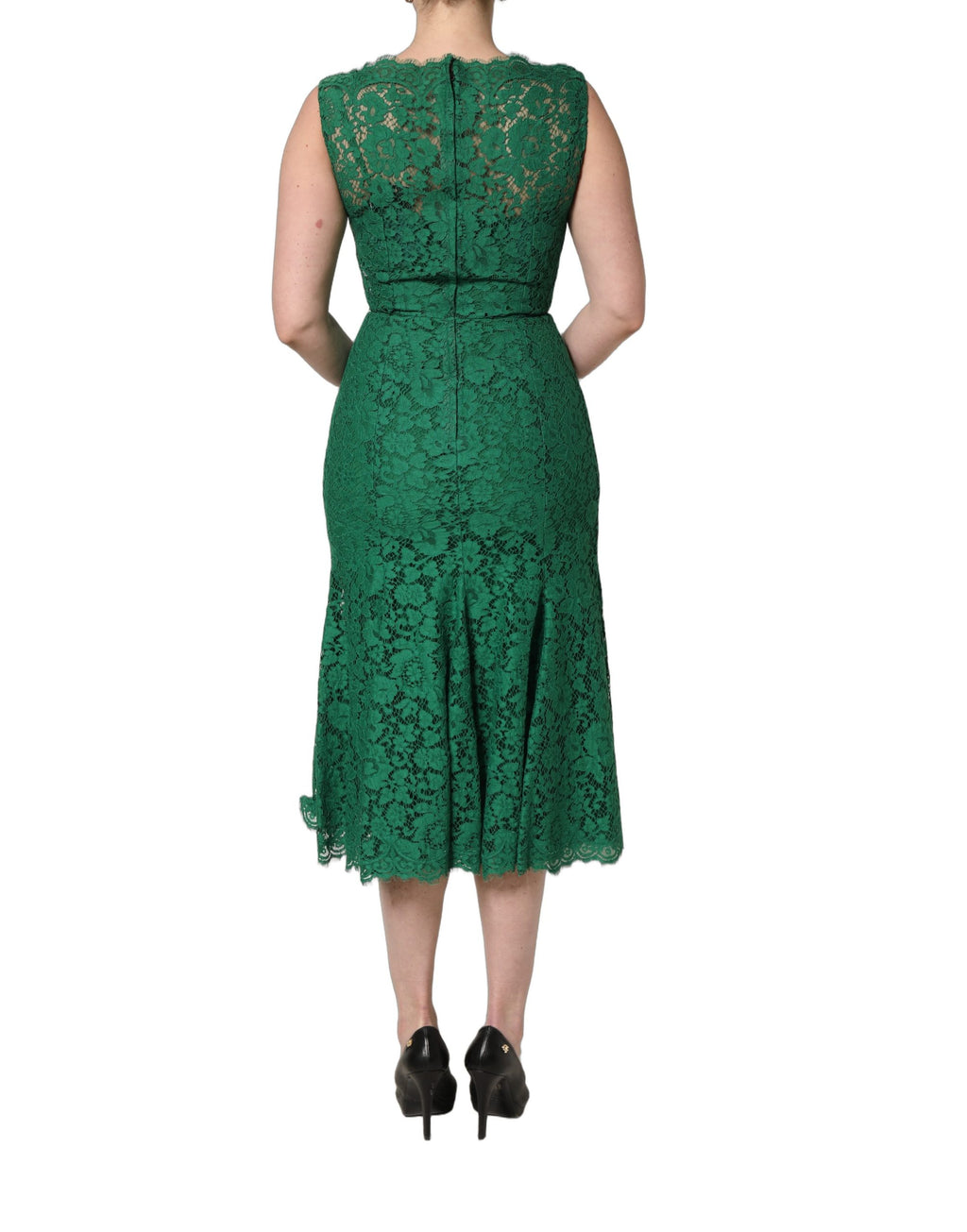 Dolce & Gabbana Green Floral Lace Cotton Sleeveless Midi Dress