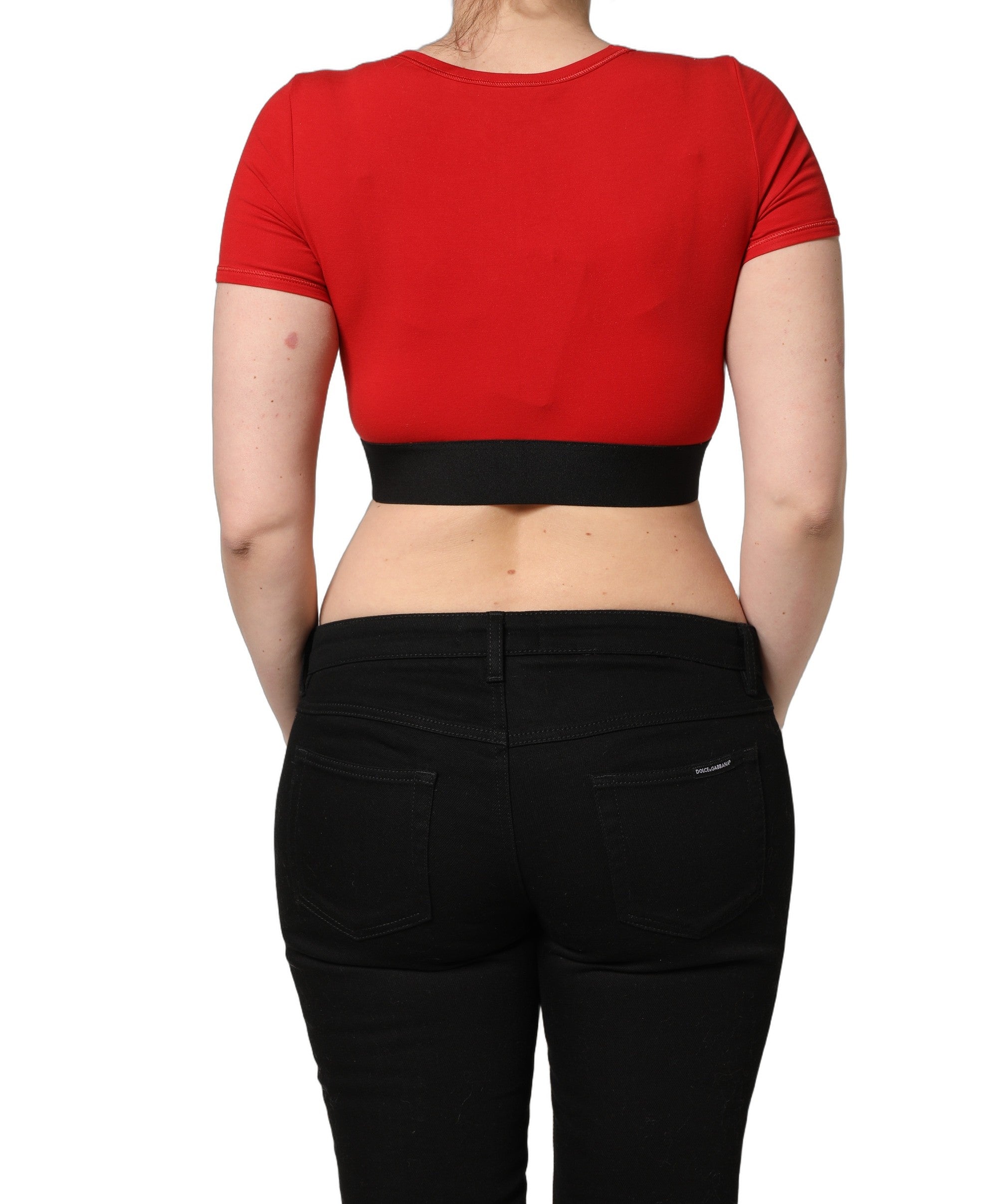 Dolce & Gabbana Red Cotton Logo Tape Cropped Short Sleeve T-shirt