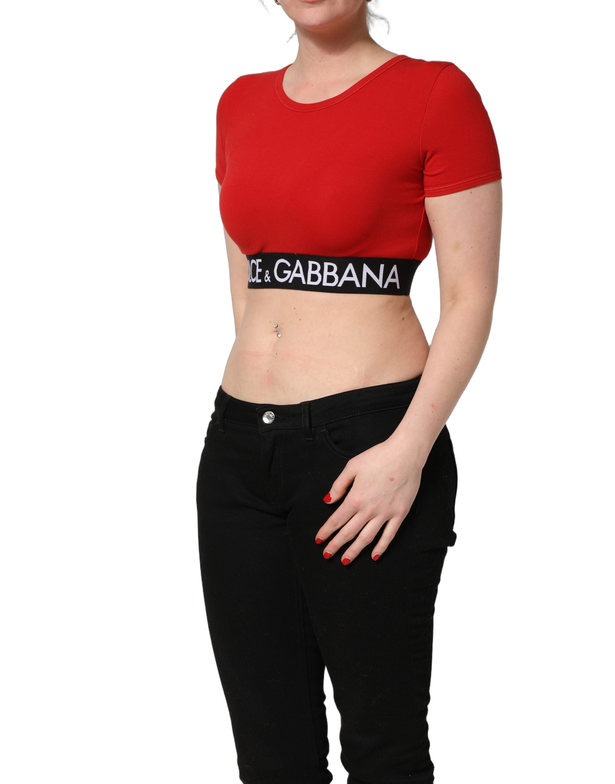 Dolce & Gabbana Red Cotton Logo Tape Cropped Short Sleeve T-shirt