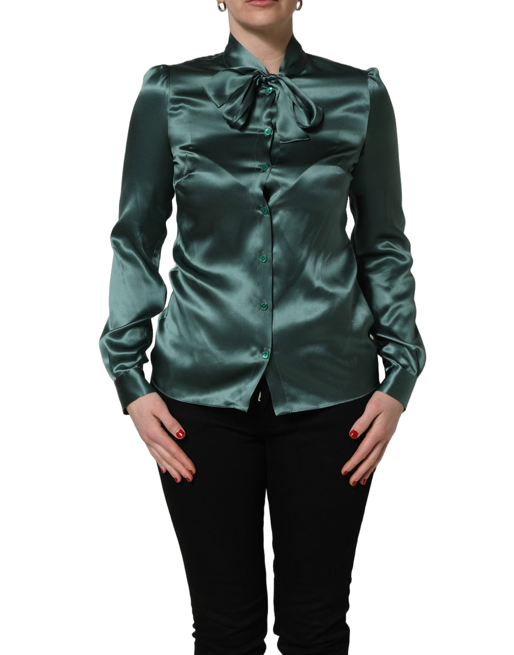 Dolce & Gabbana Dark Green Silk Satin Blouse Neck Tie Top
