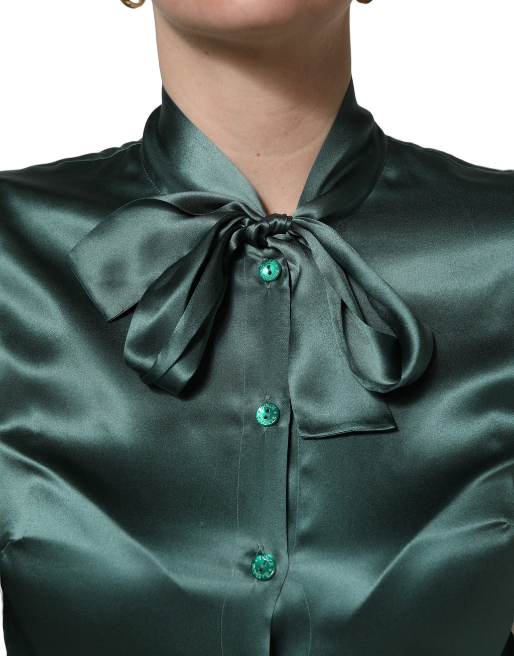 Dolce & Gabbana Dark Green Silk Satin Blouse Neck Tie Top