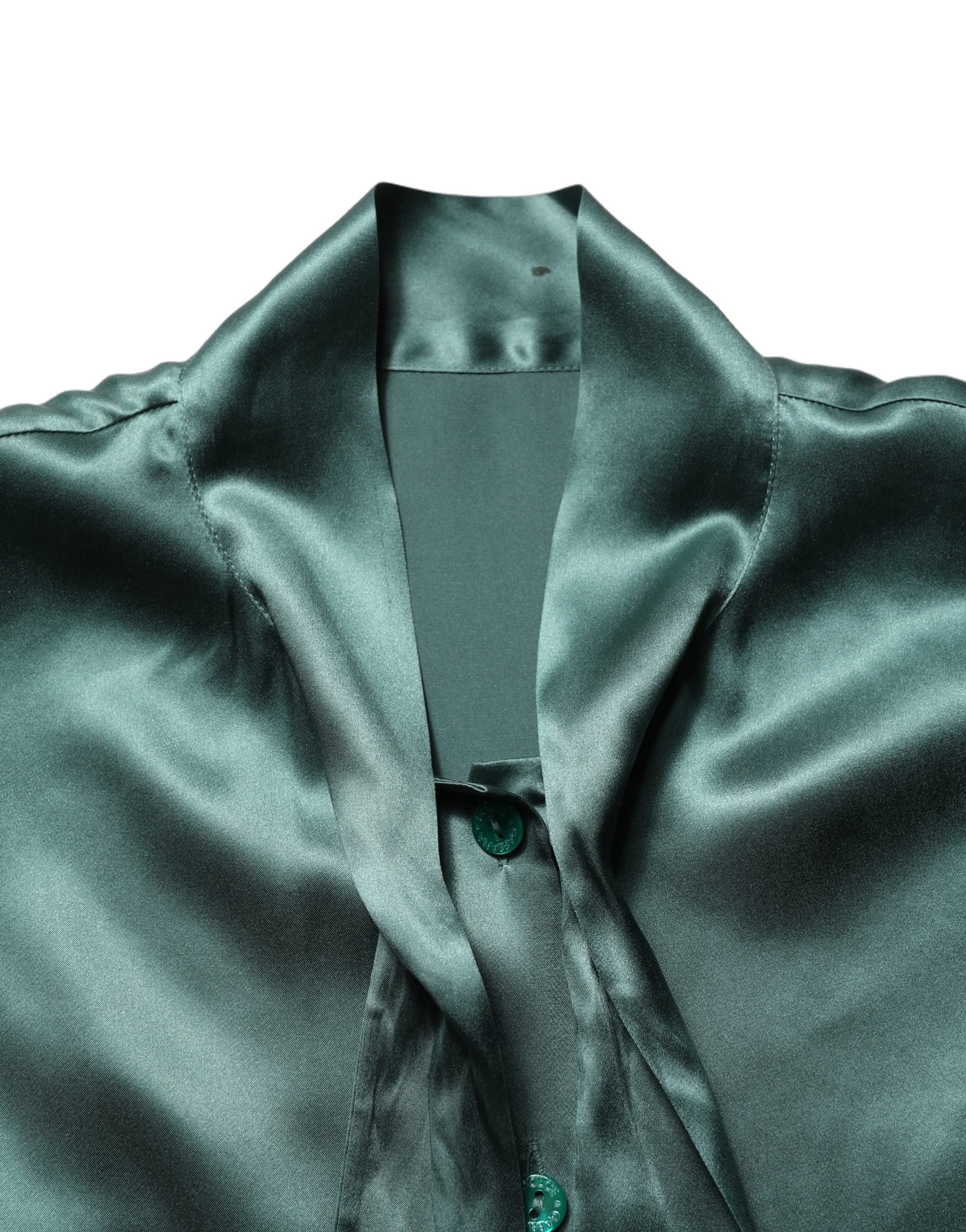 Dolce & Gabbana Dark Green Silk Satin Blouse Neck Tie Top