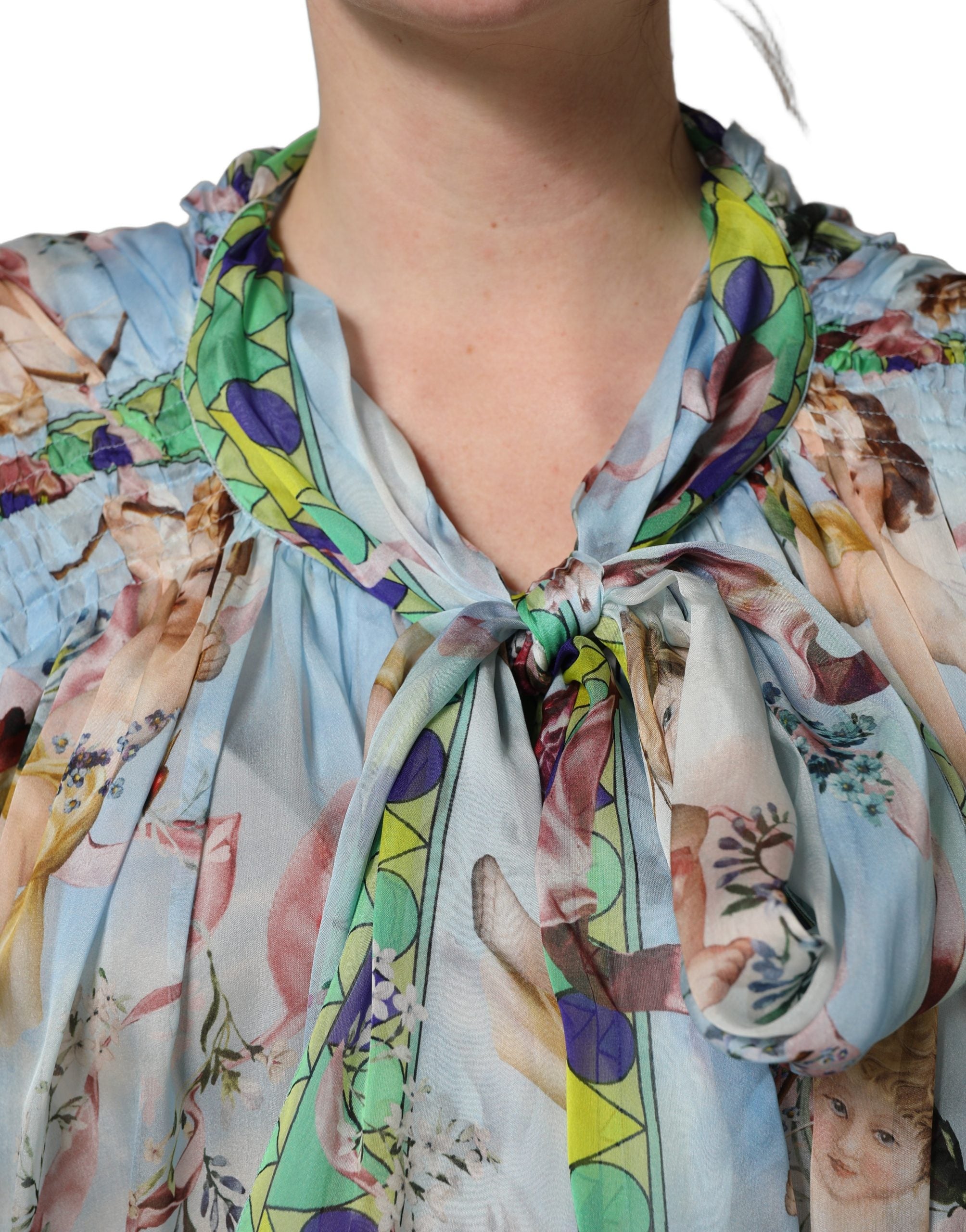 Dolce & Gabbana Light Blue Floral-Print Chiffon Blouse Top