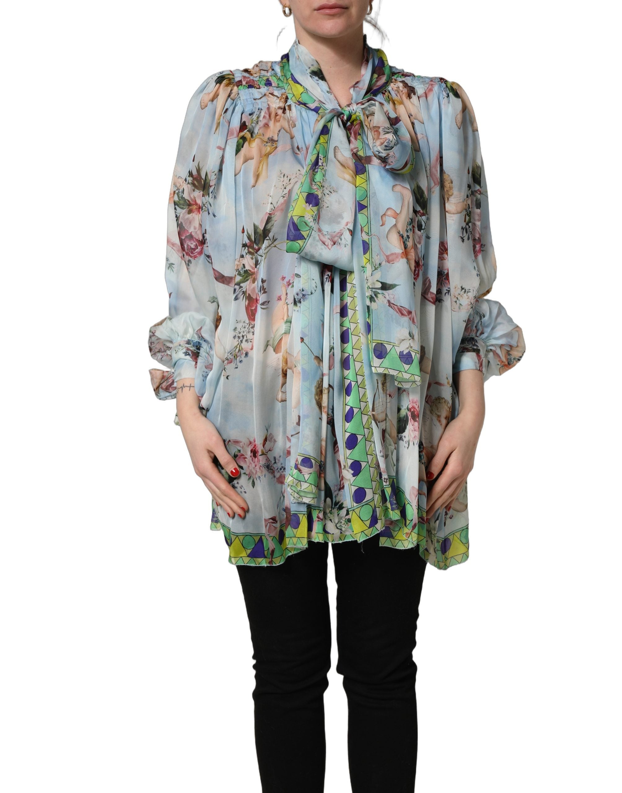 Dolce & Gabbana Light Blue Floral-Print Chiffon Blouse Top