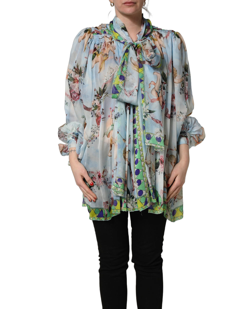 Dolce & Gabbana Light Blue Floral-Print Chiffon Blouse Top