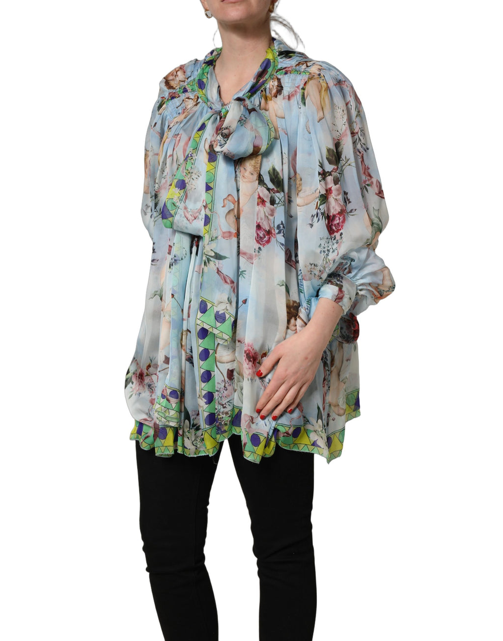 Dolce & Gabbana Light Blue Floral-Print Chiffon Blouse Top