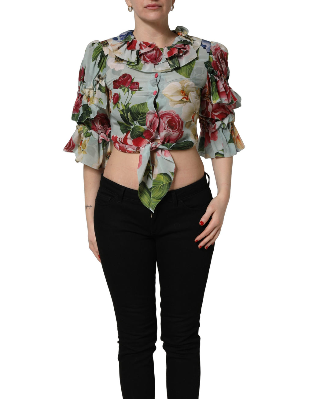 Dolce & Gabbana Multicolor Floral Silk Cropped Shirt Top