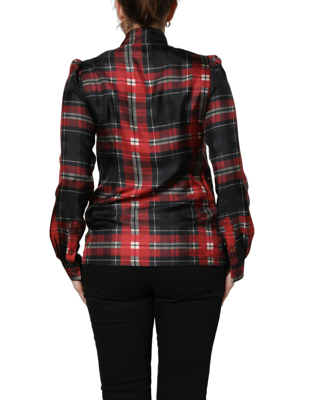 Dolce & Gabbana Red Black Plaid Silk Tie-Neck Blouse Top