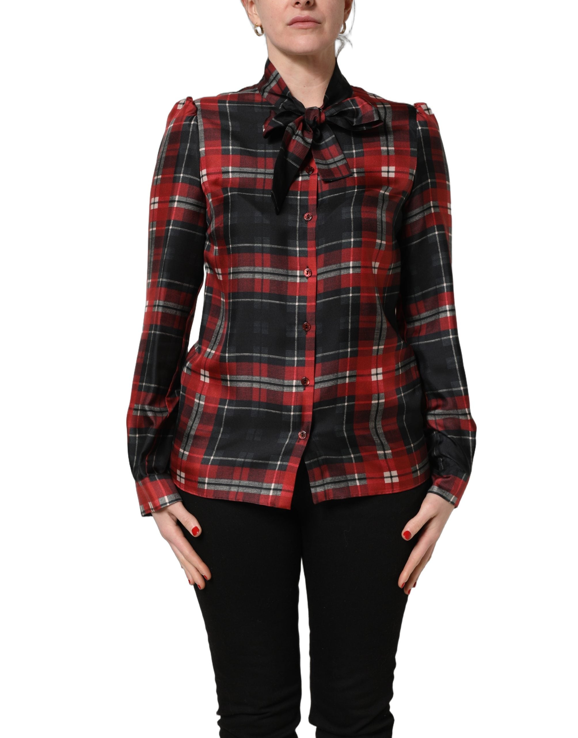 Dolce & Gabbana Red Black Plaid Silk Tie-Neck Blouse Top