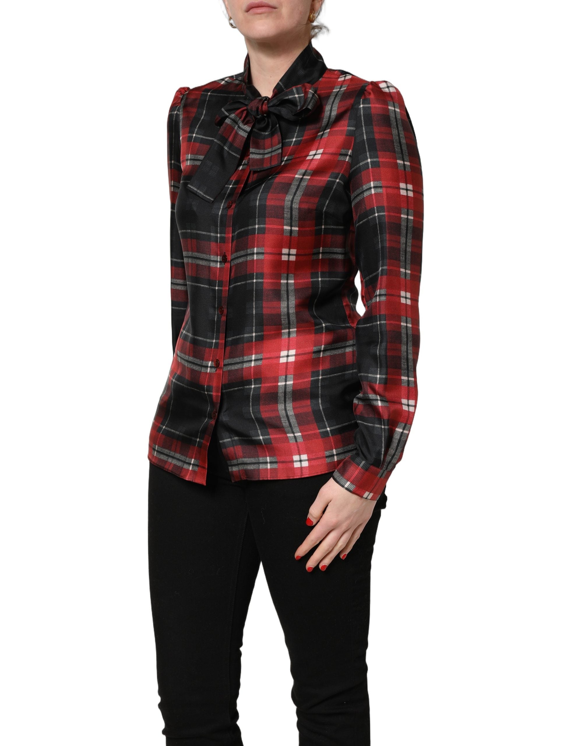 Dolce & Gabbana Red Black Plaid Silk Tie-Neck Blouse Top