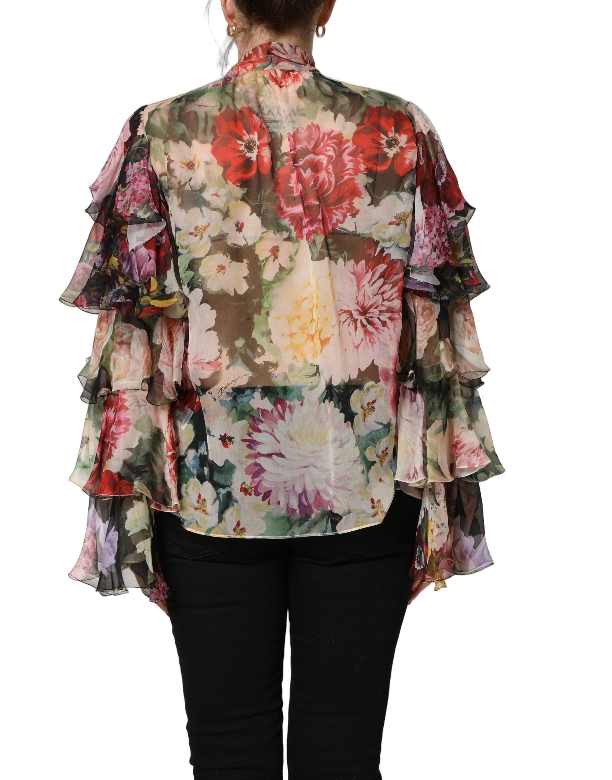 Dolce & Gabbana Multicolor Floral Tie-Neck Silk Chiffon Blouse Top