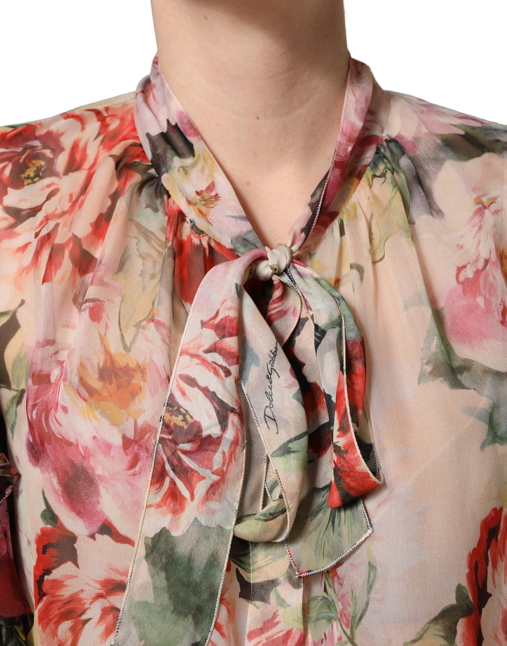 Dolce & Gabbana Multicolor Floral Tie-Neck Silk Chiffon Blouse Top