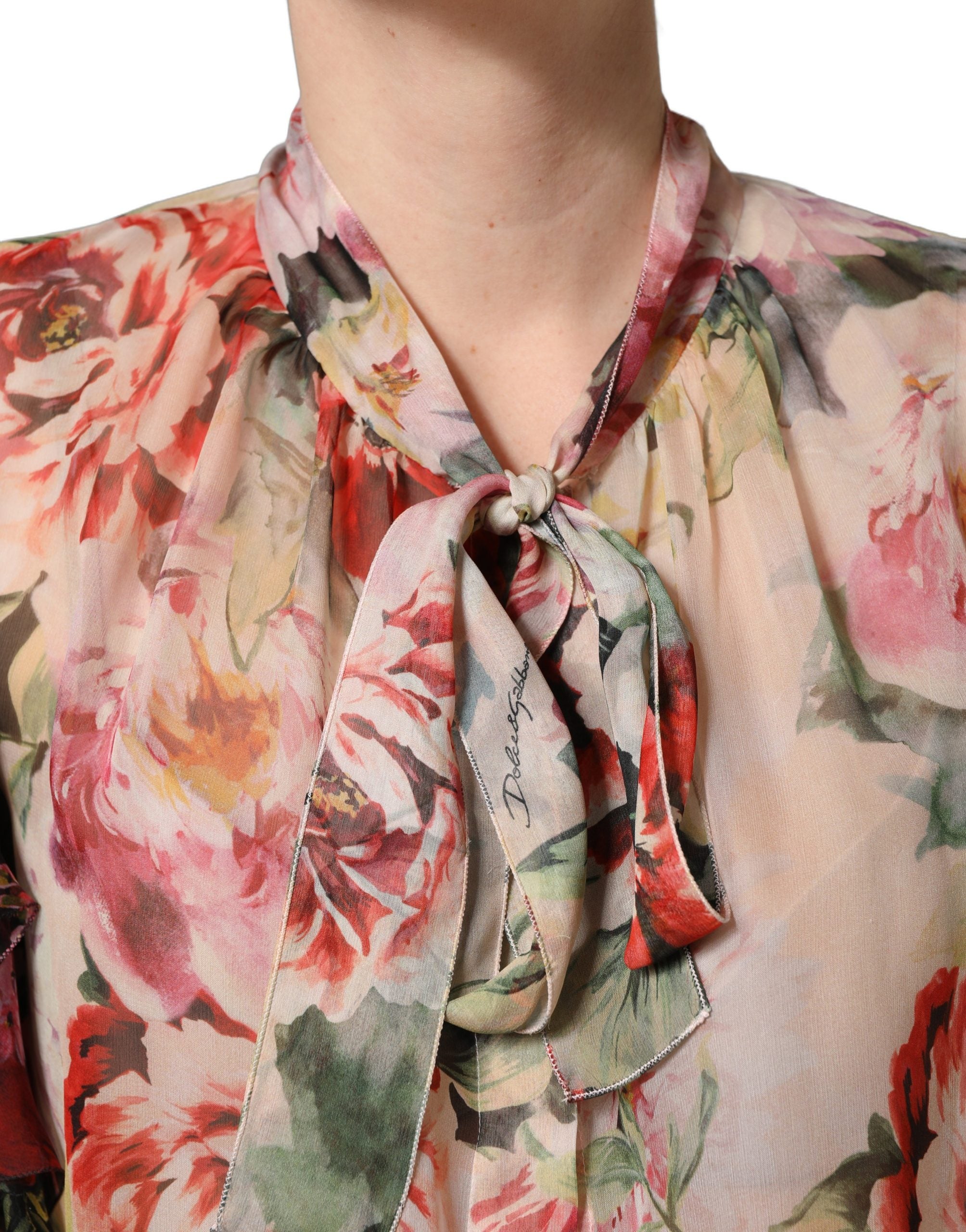 Dolce & Gabbana Multicolor Floral Tie-Neck Silk Chiffon Blouse Top