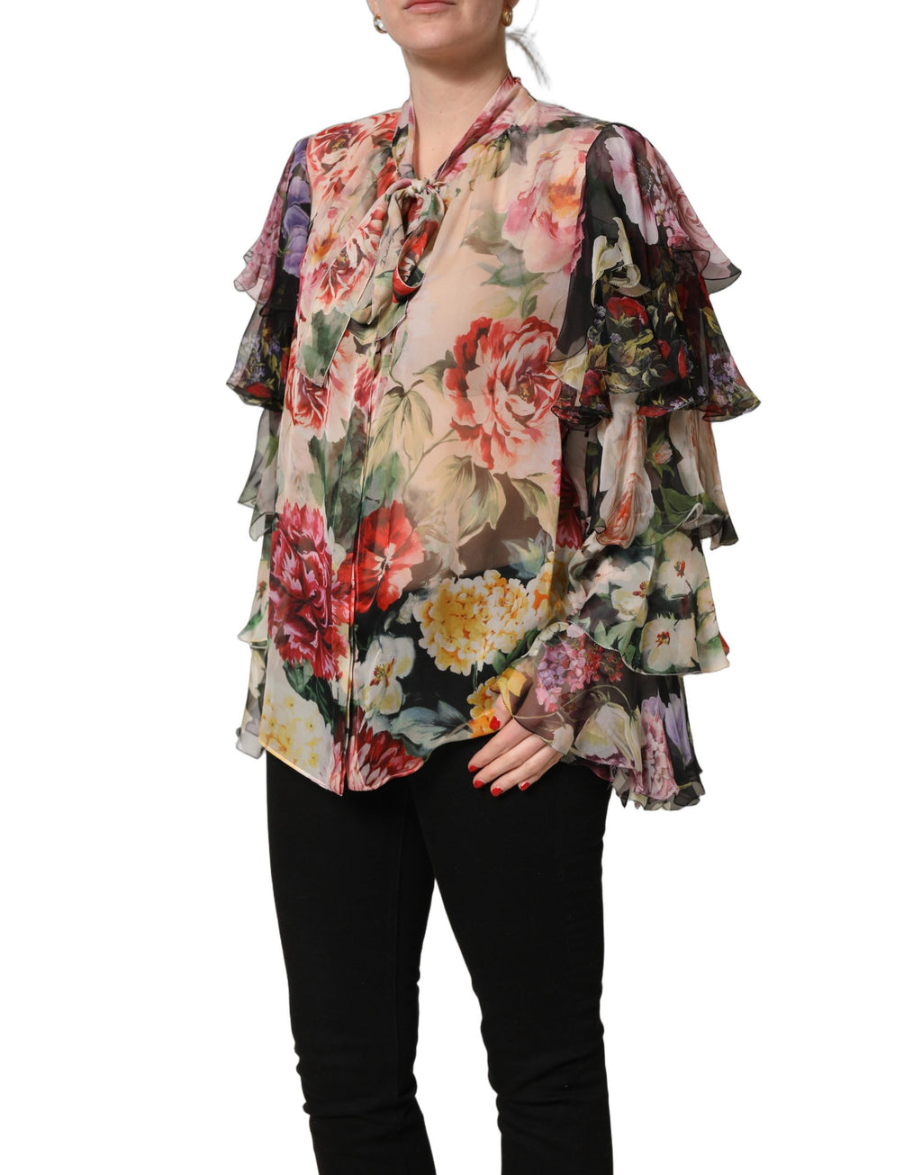 Dolce & Gabbana Multicolor Floral Tie-Neck Silk Chiffon Blouse Top