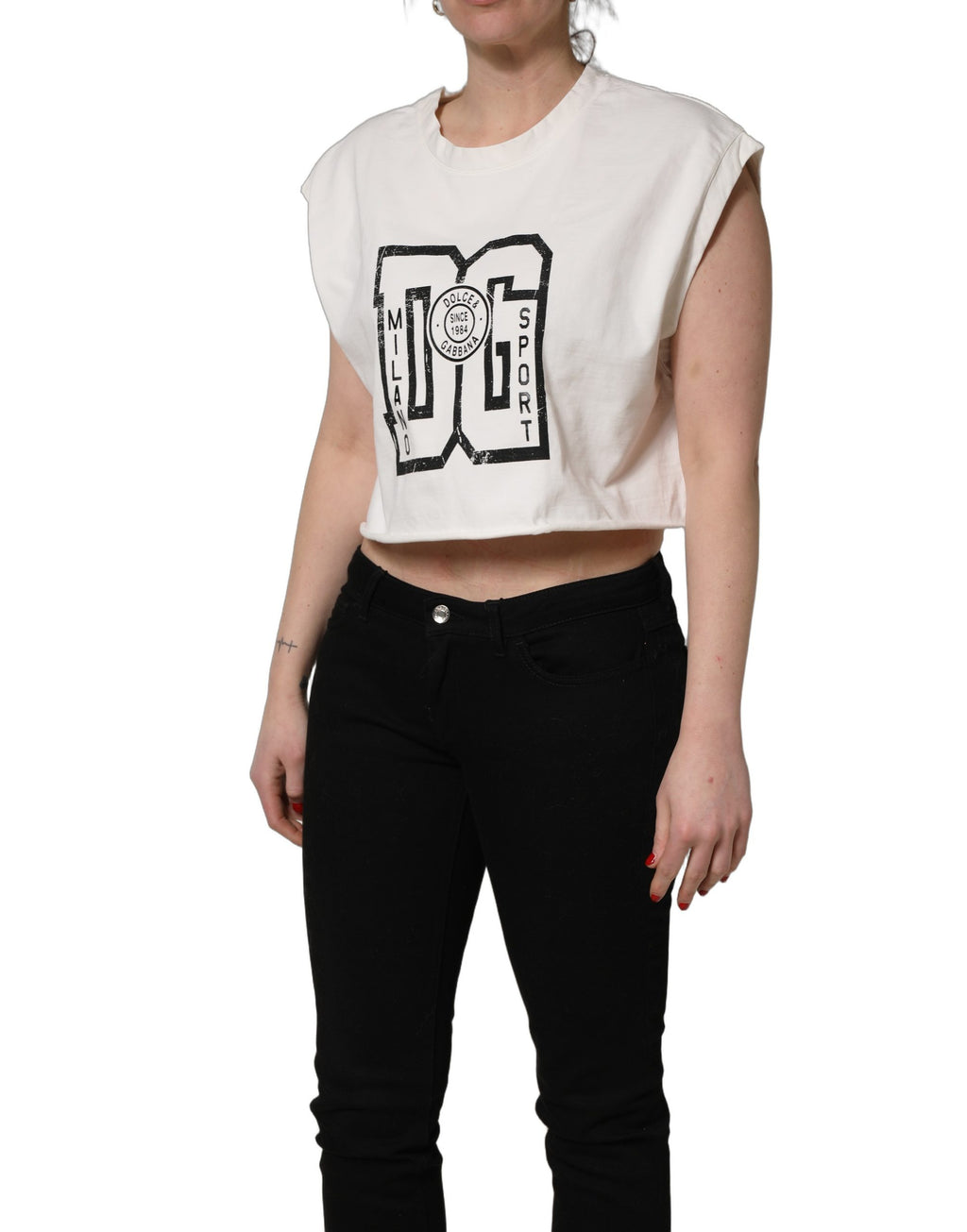 Dolce & Gabbana White Cotton DG Logo Print Cropped Jersey Top
