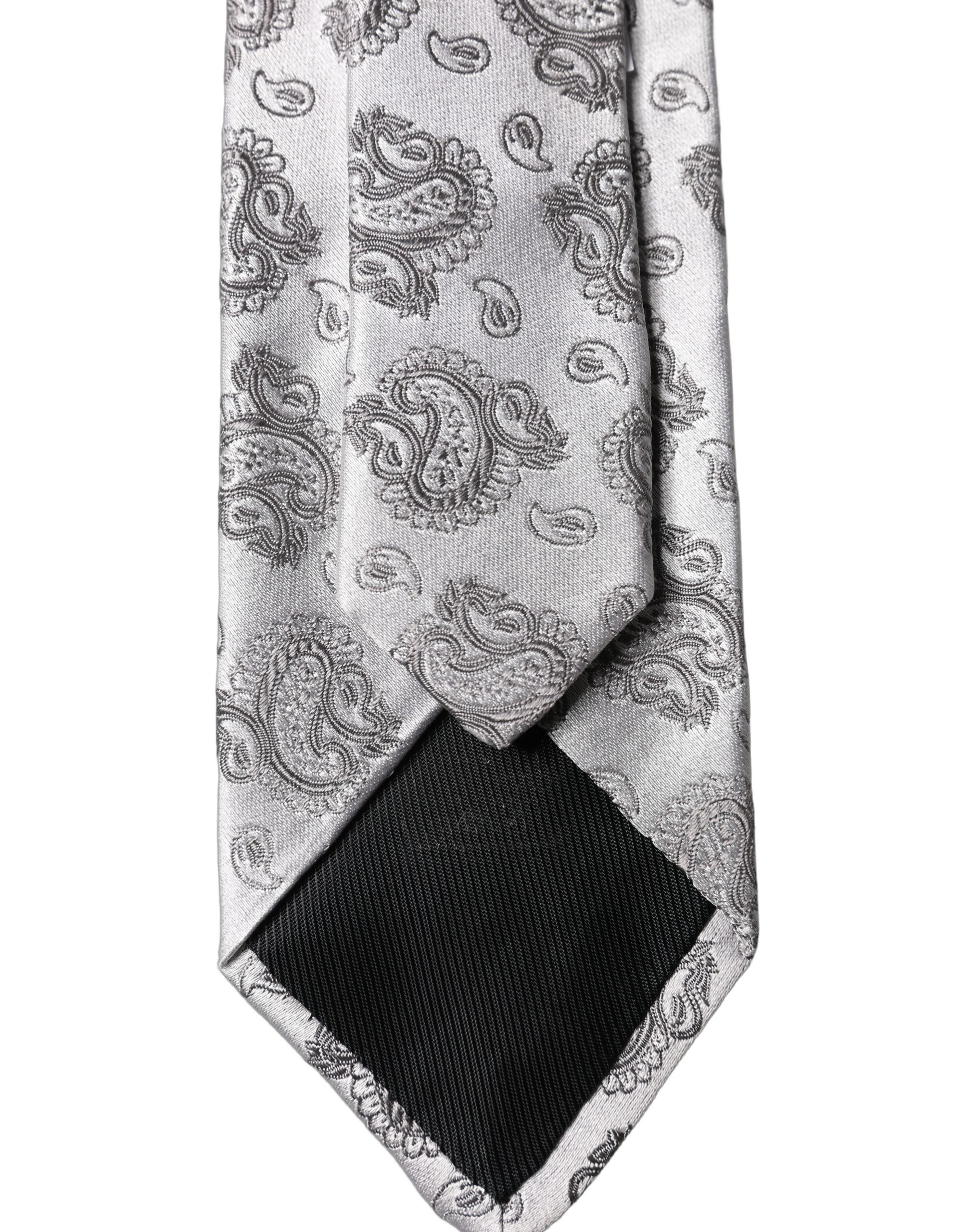 Dolce & Gabbana Silver Gray Paisley Silk Adjustable Men Tied Necktie Tie