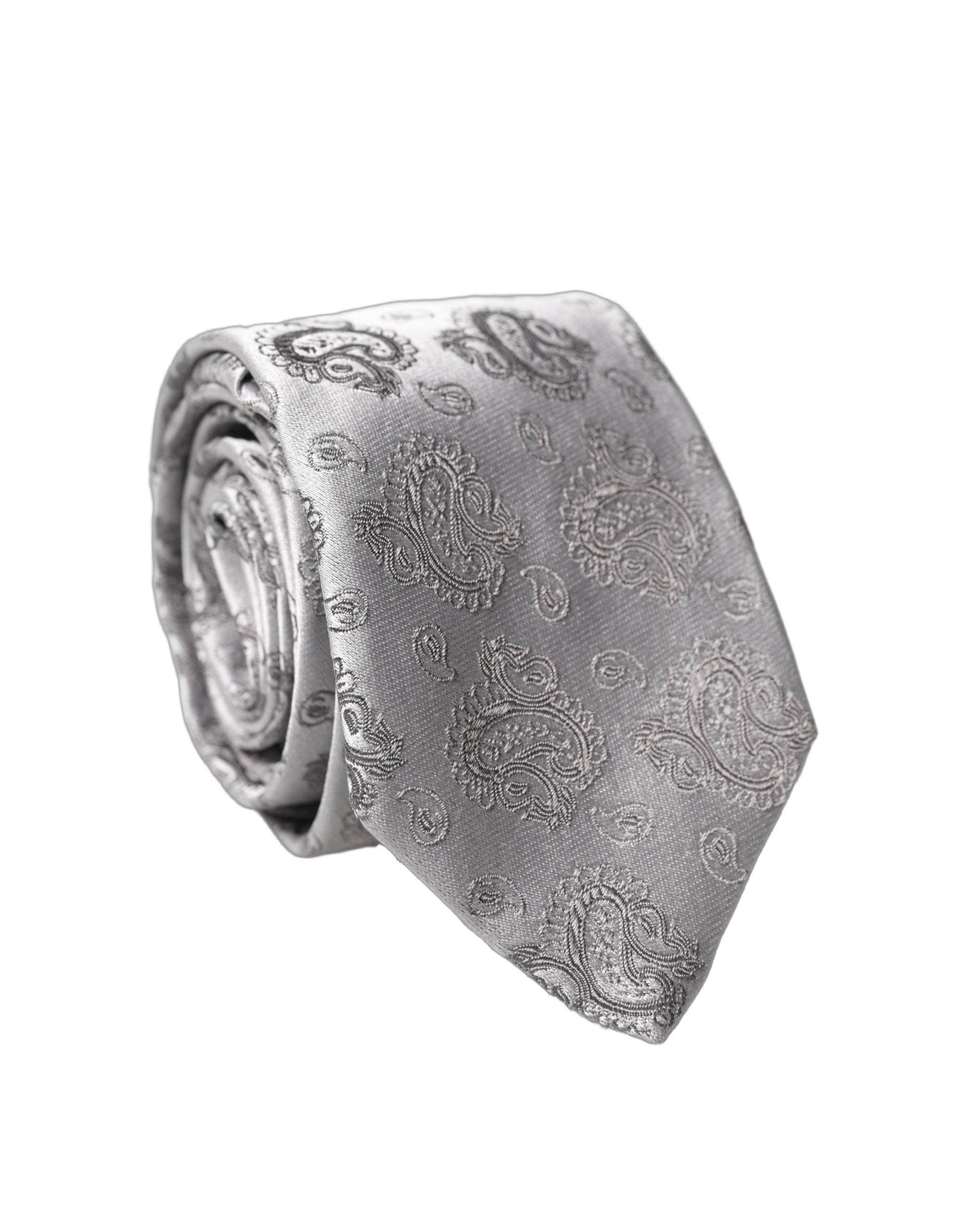 Dolce & Gabbana Silver Gray Paisley Silk Adjustable Men Tied Necktie Tie