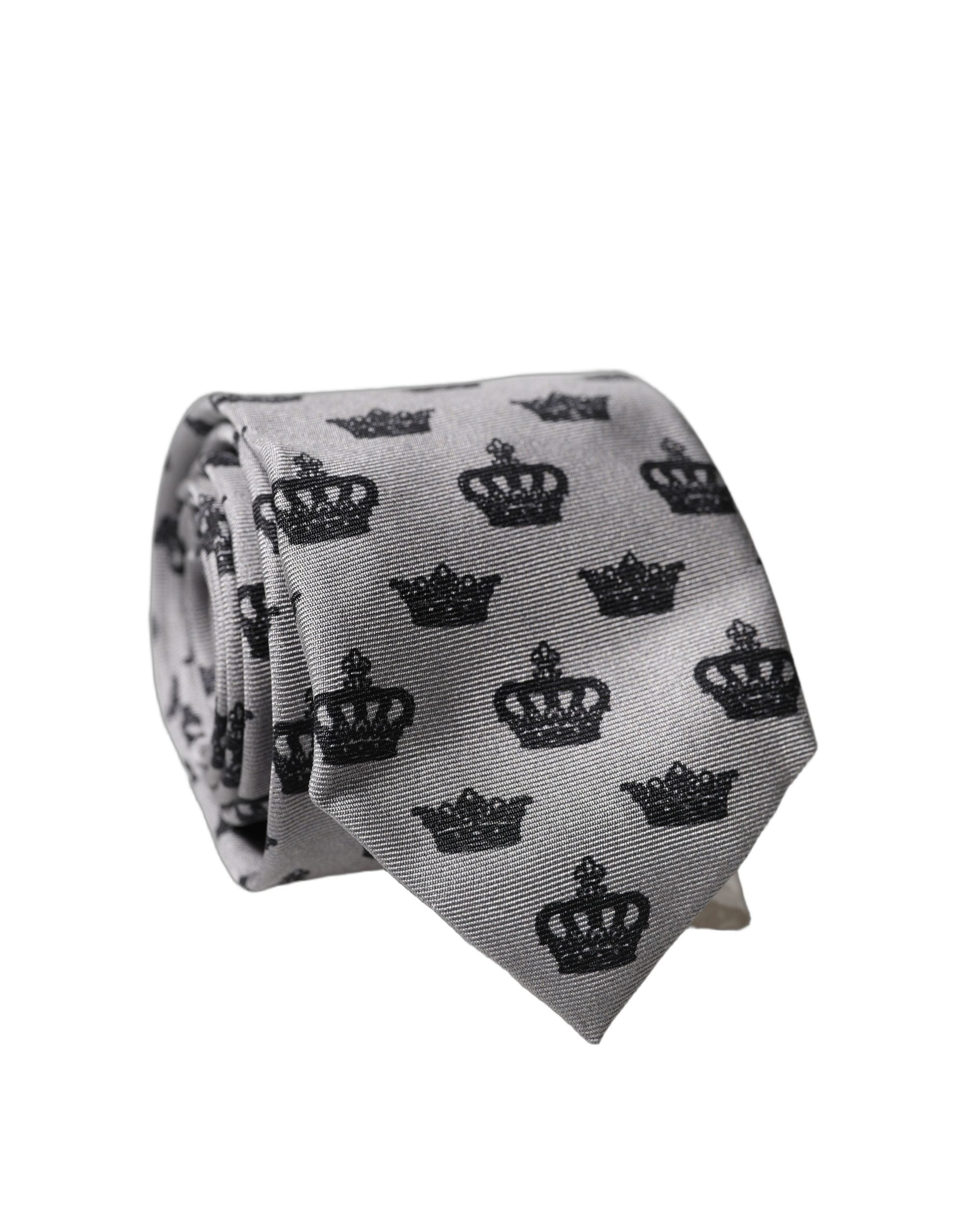 Dolce & Gabbana Gray Crown Fantasy Silk Adjustable Men Tied Necktie Tie