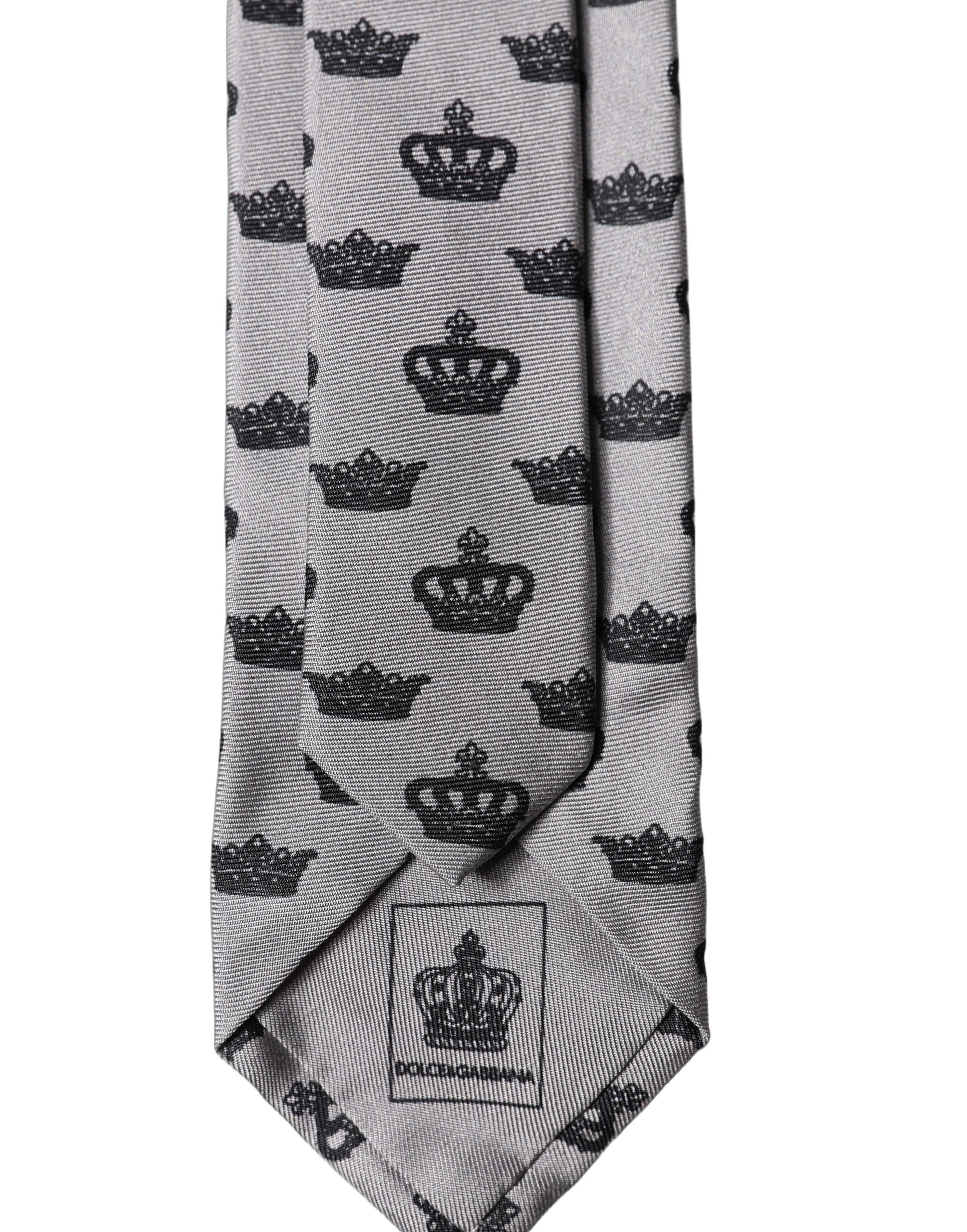 Dolce & Gabbana Gray Crown Fantasy Silk Adjustable Men Tied Necktie Tie