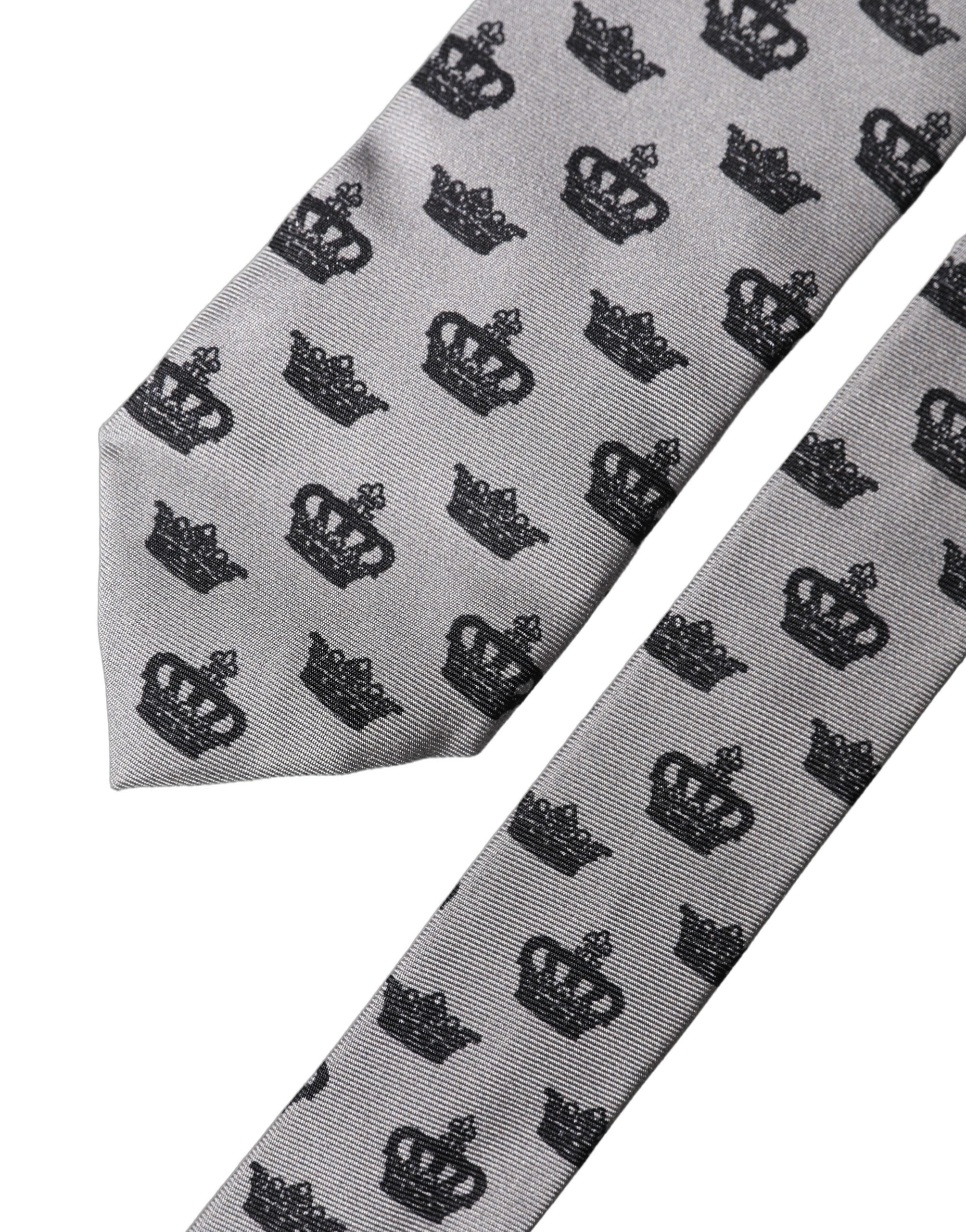 Dolce & Gabbana Gray Crown Fantasy Silk Adjustable Men Tied Necktie Tie
