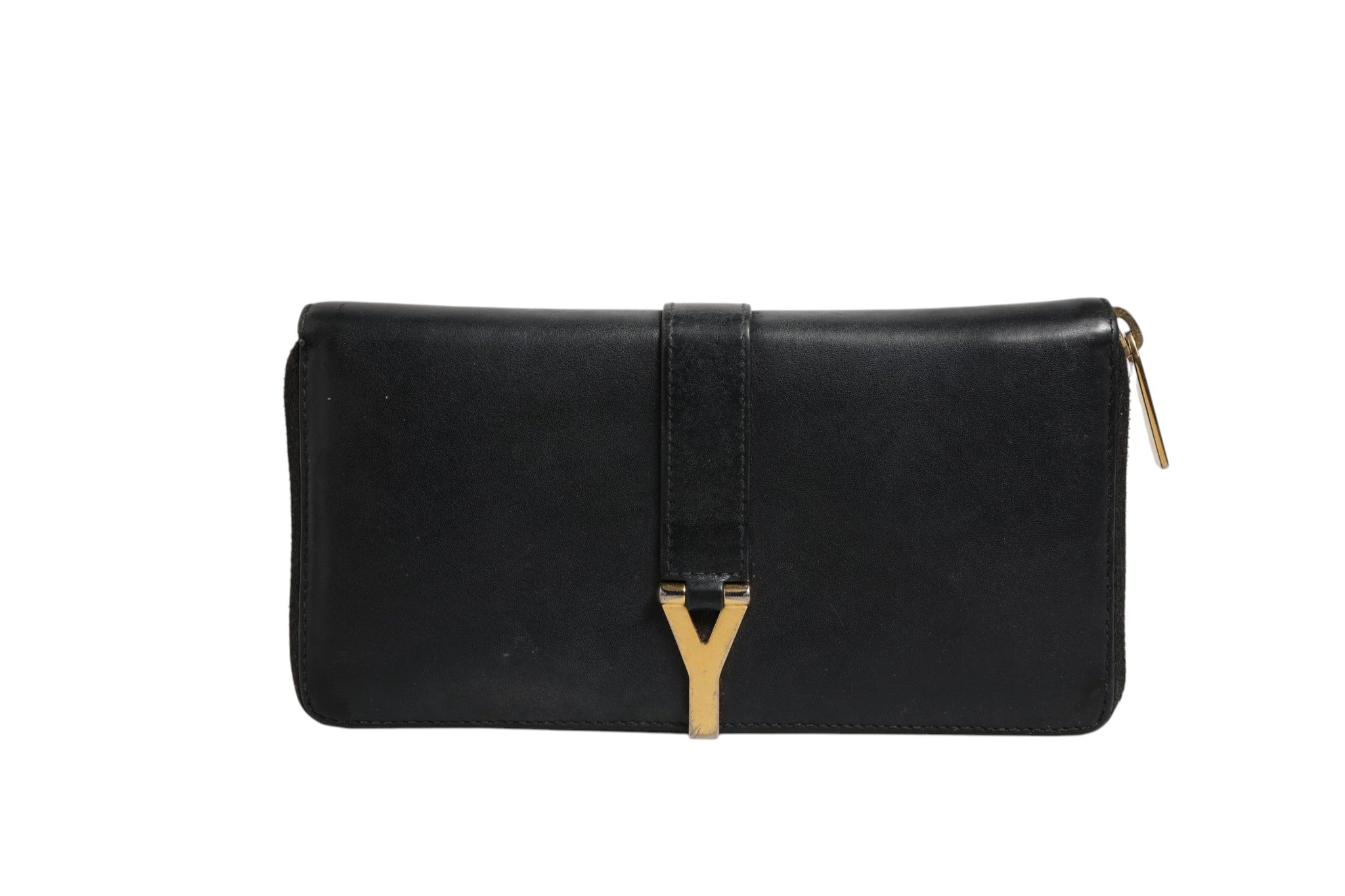 Saint Laurent Black and Gold leather logo zip wallet