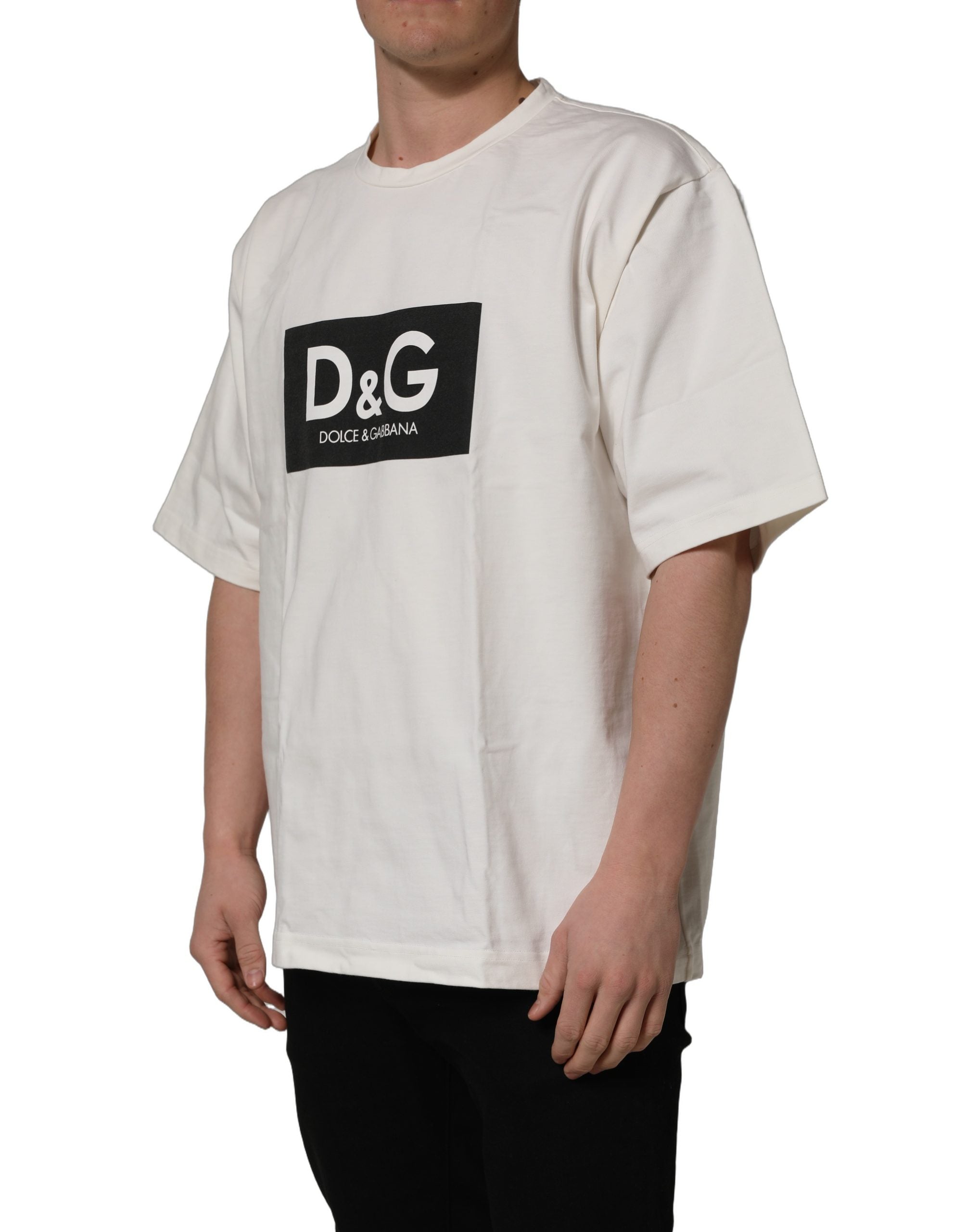 Dolce & Gabbana White Logo Print Cotton Crew Neck Men T-shirt