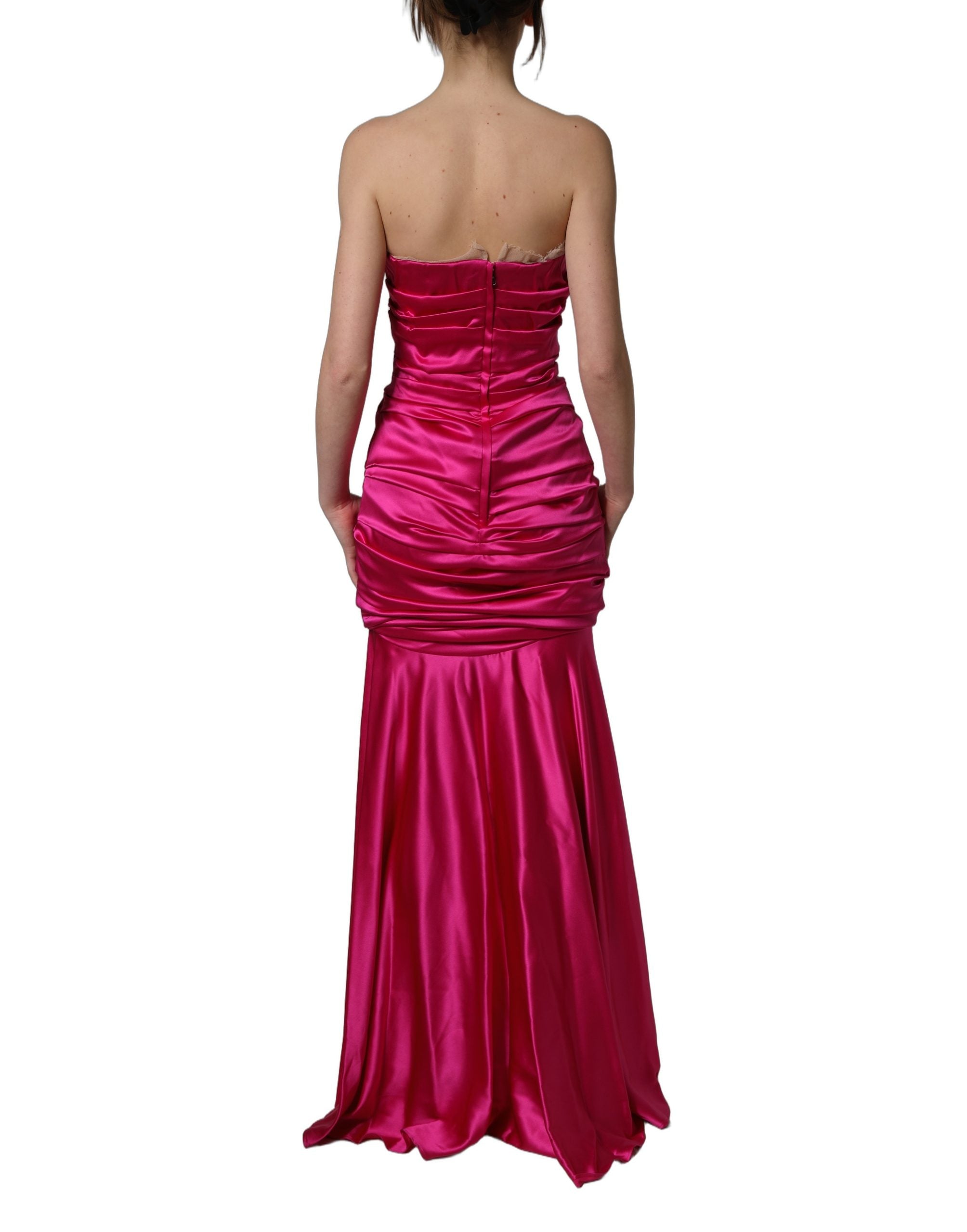 Dolce & Gabbana Hot Pink Ruched Satin Strapless Gown Dress