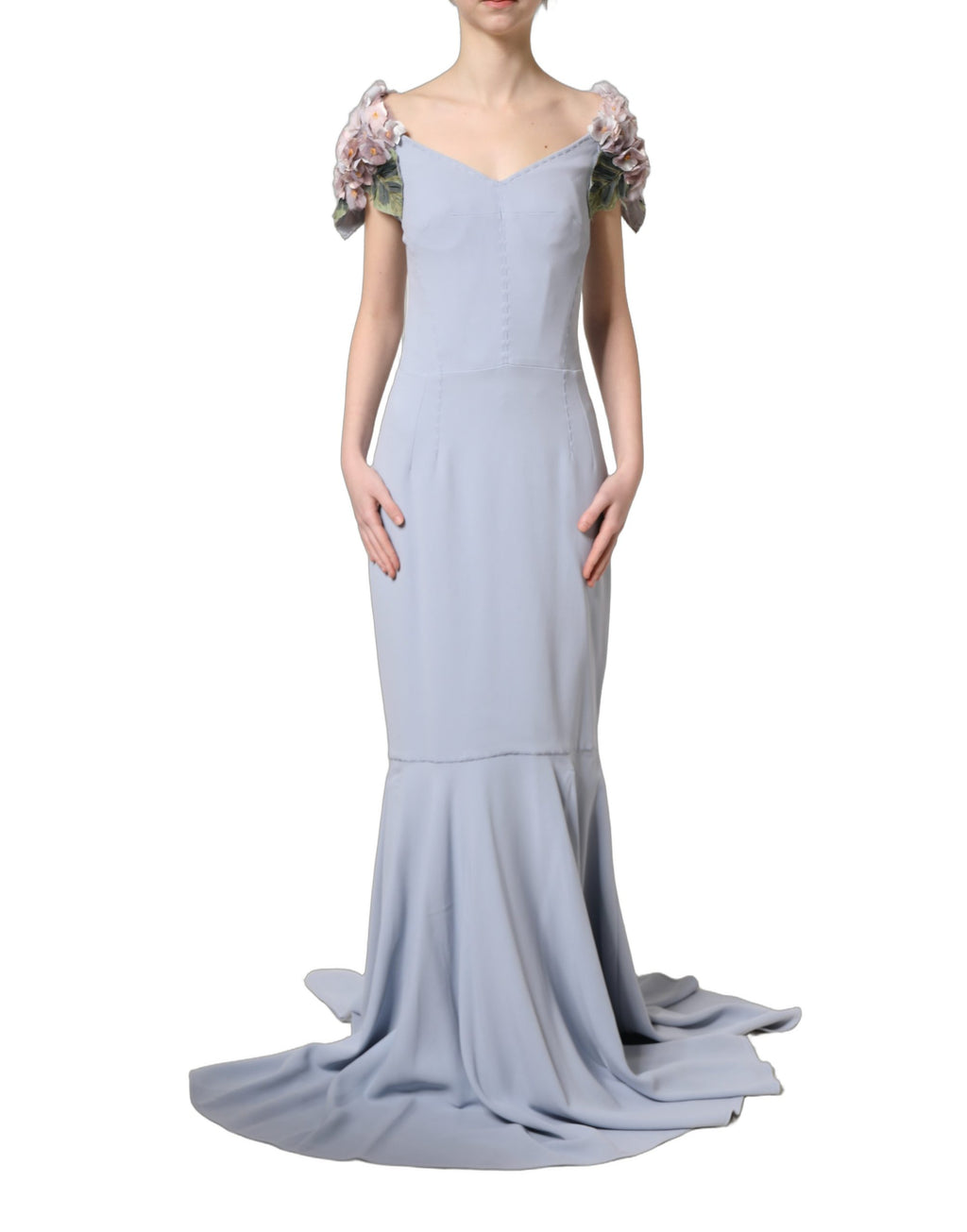 Dolce & Gabbana Light Blue Hydrangea Embellished Cap Sleeve Dress