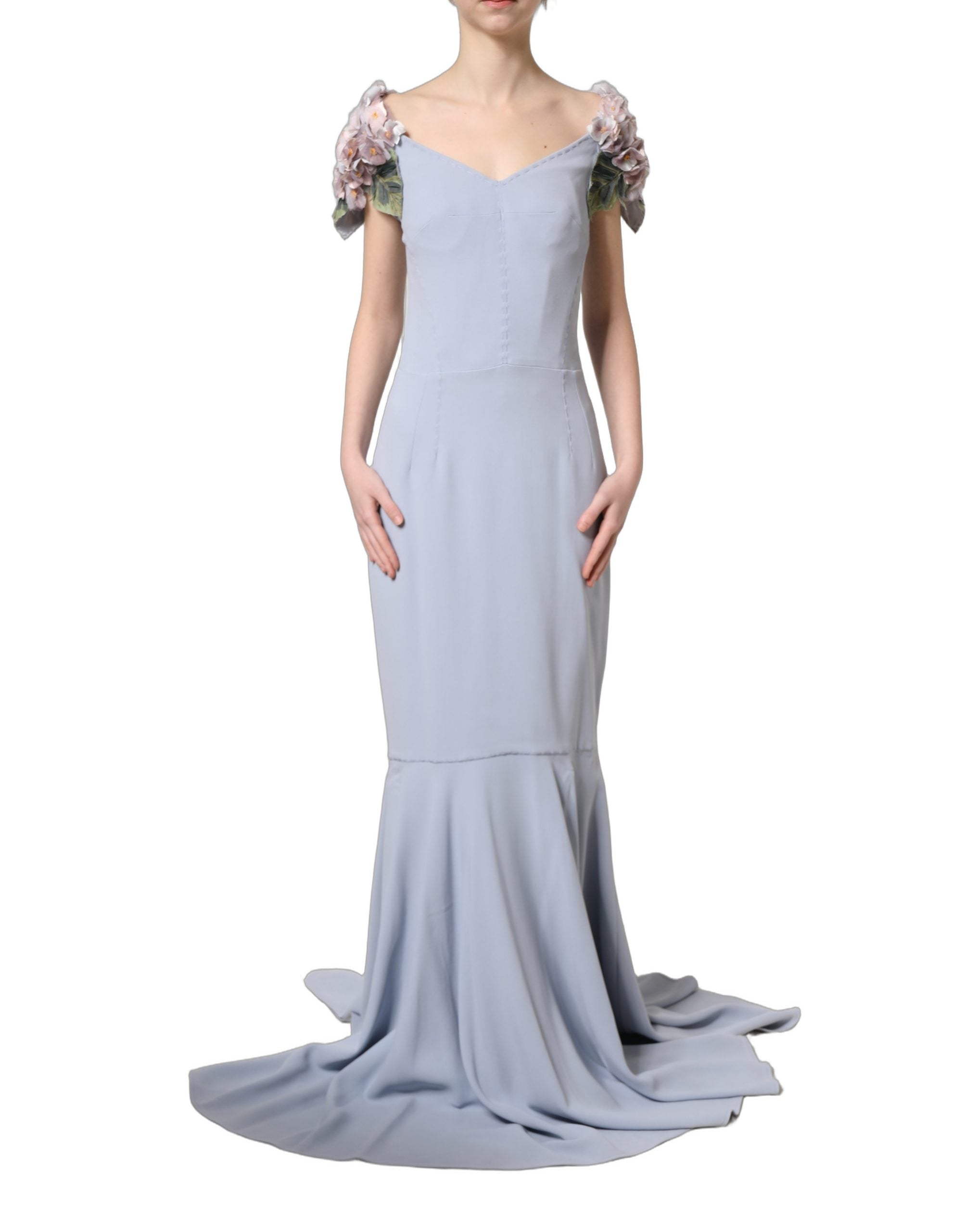 Dolce & Gabbana Light Blue Hydrangea Embellished Cap Sleeve Dress