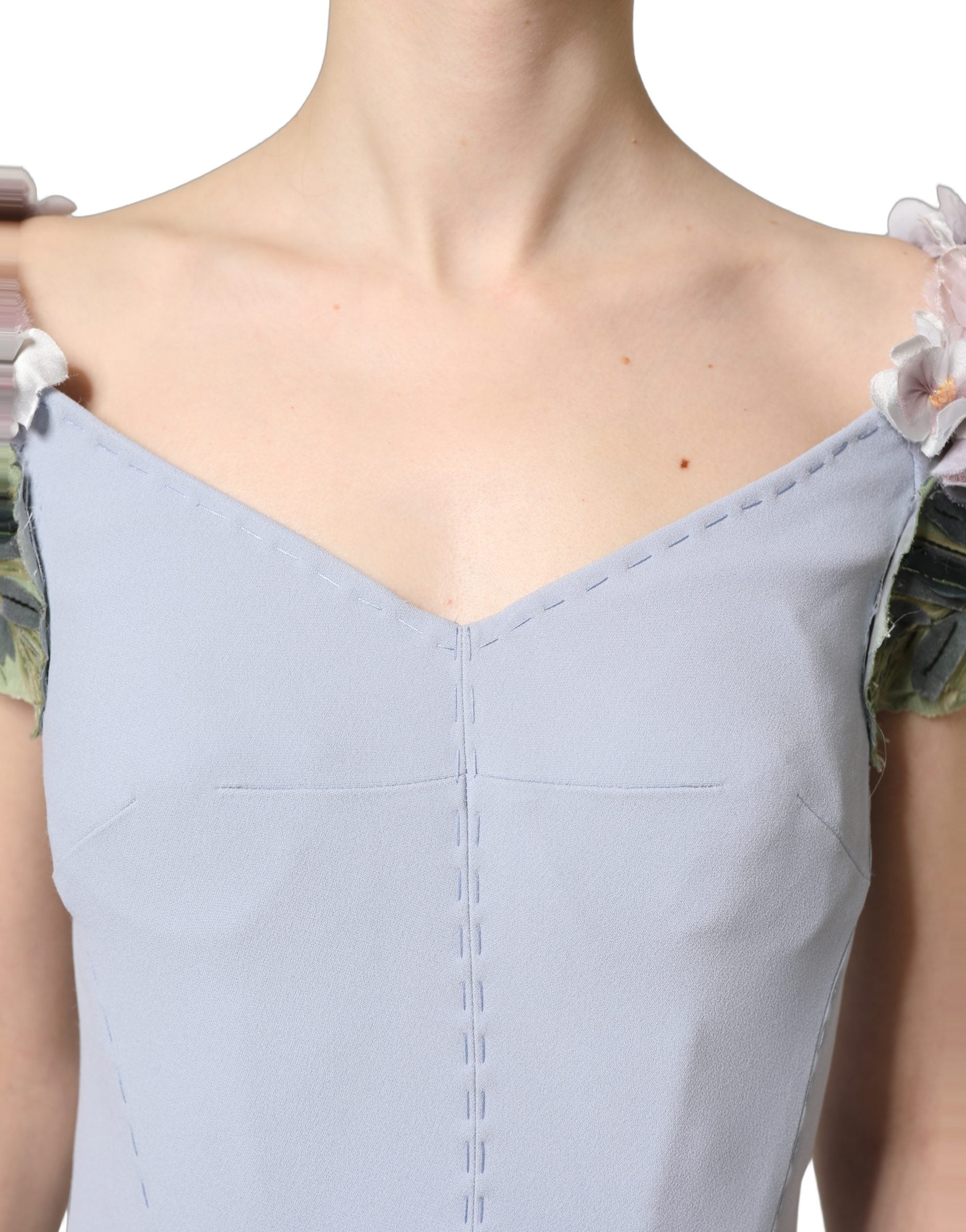 Dolce & Gabbana Light Blue Hydrangea Embellished Cap Sleeve Dress