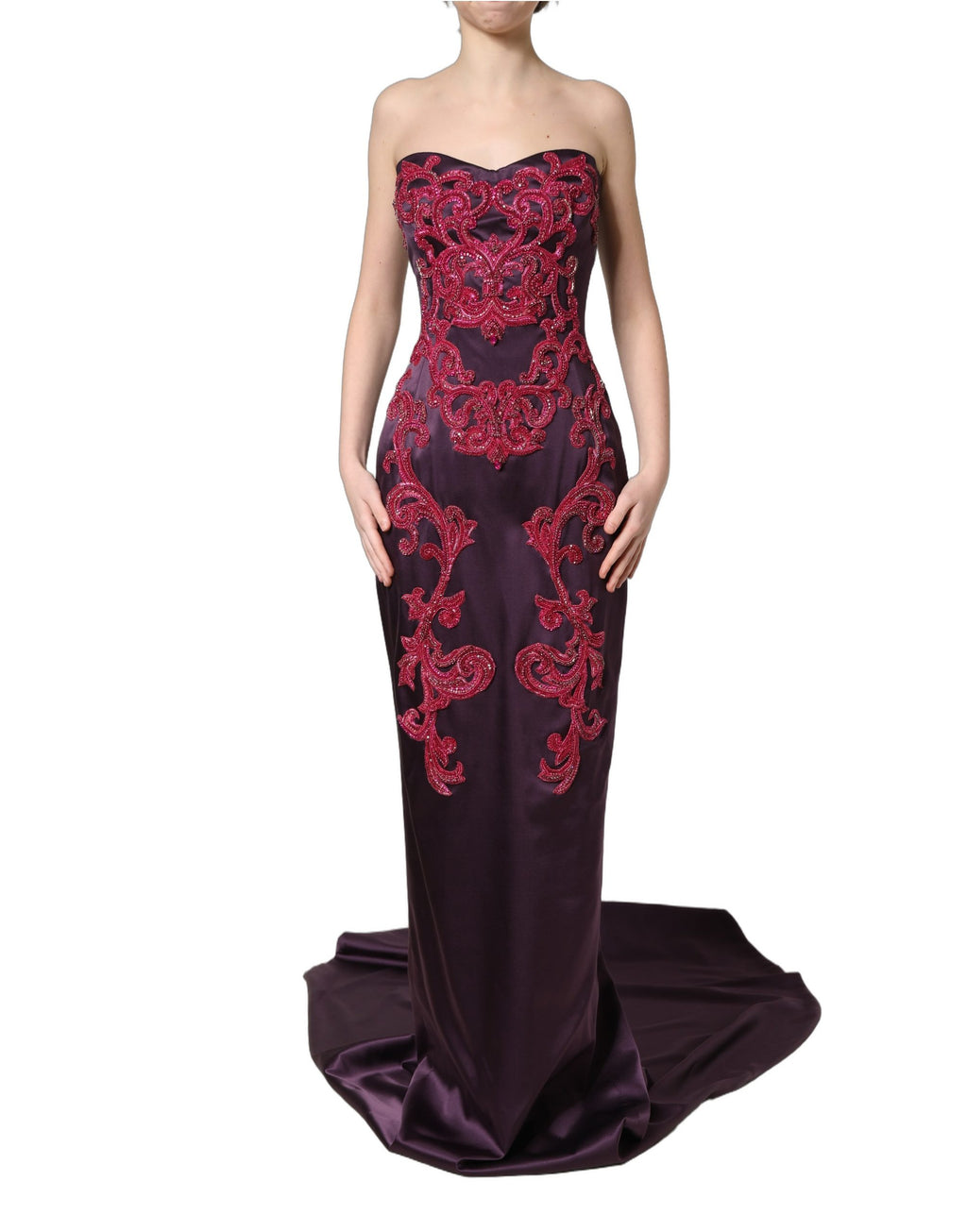 Dolce & Gabbana Purple Silk Crystal Strapless Floor Length Gown Dress