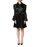 Dolce & Gabbana Black Satin Long Puff Sleeves Pleated Dress