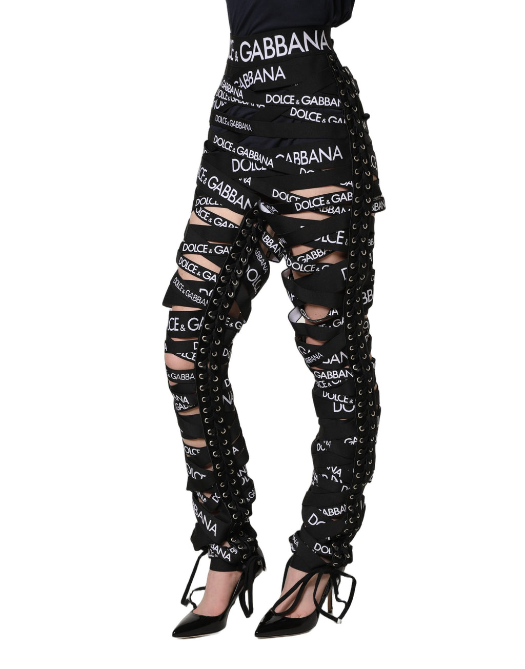 Dolce & Gabbana Black Logo Tape Cut Out Skinny High Waist Pants