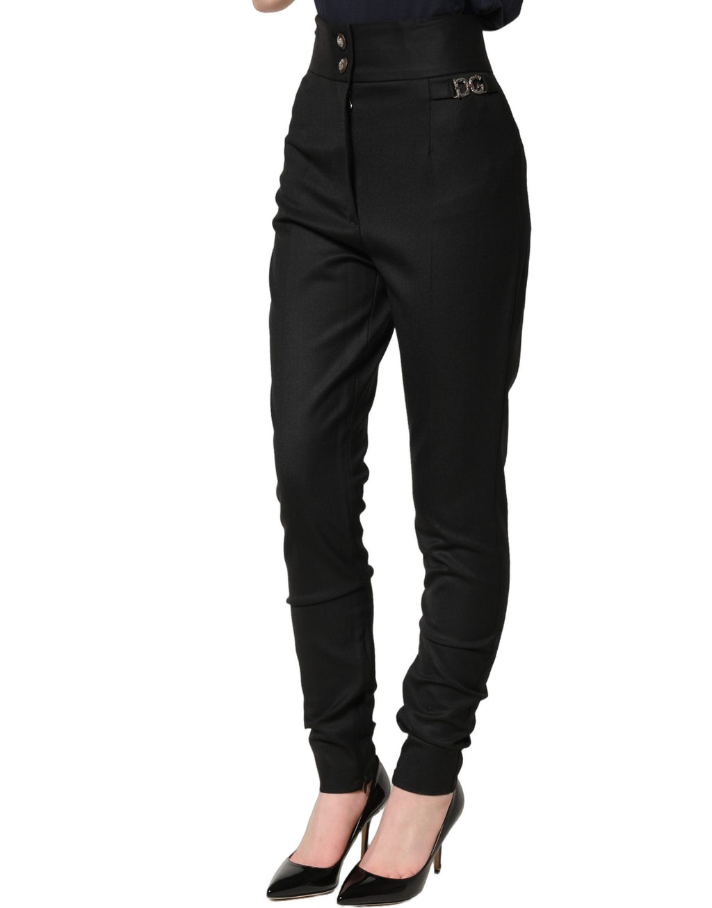 Dolce & Gabbana Black Wool High Waisted Logo Trouser Pants