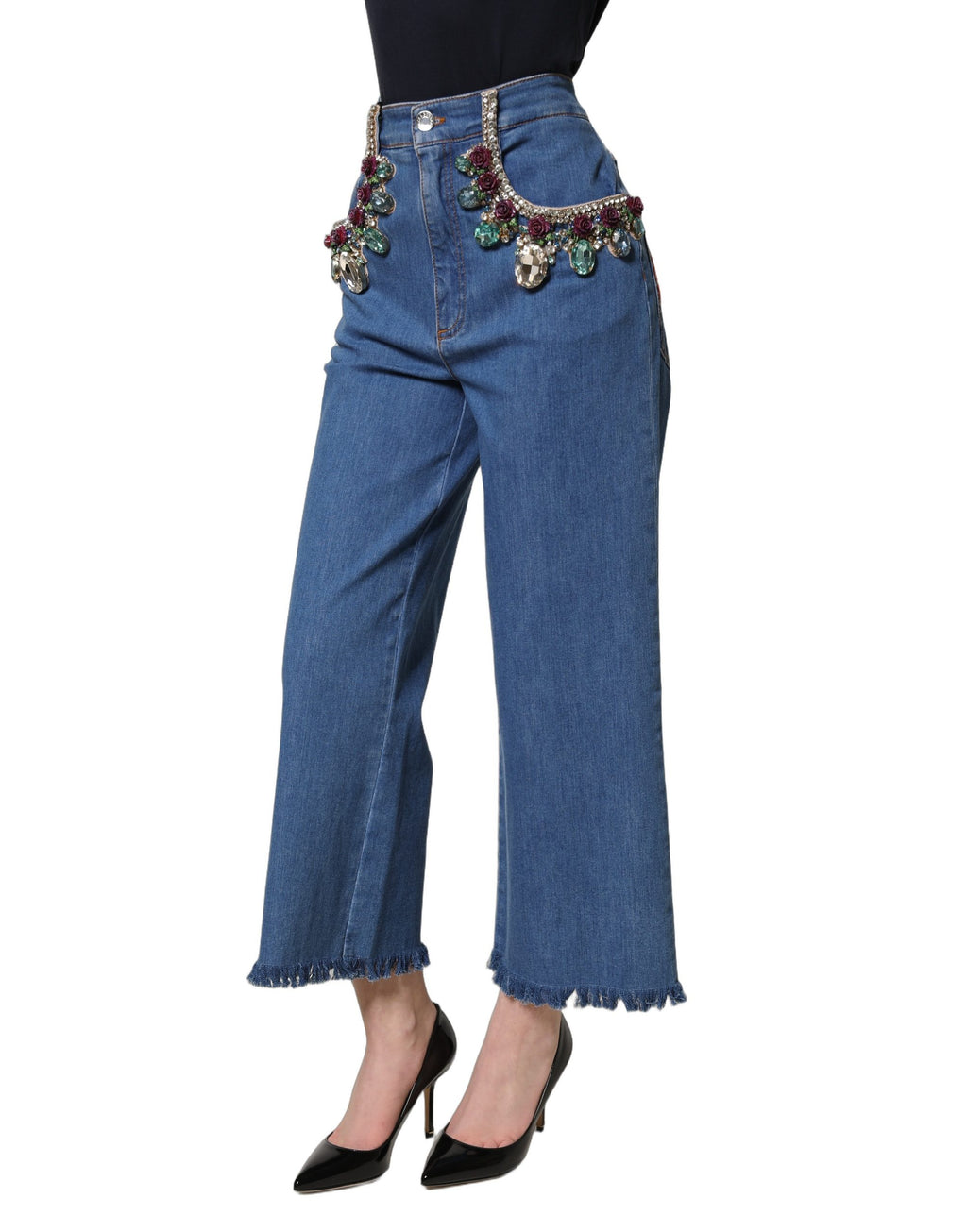 Dolce & Gabbana Blue Embellished Wide Cropped Denim Jeans