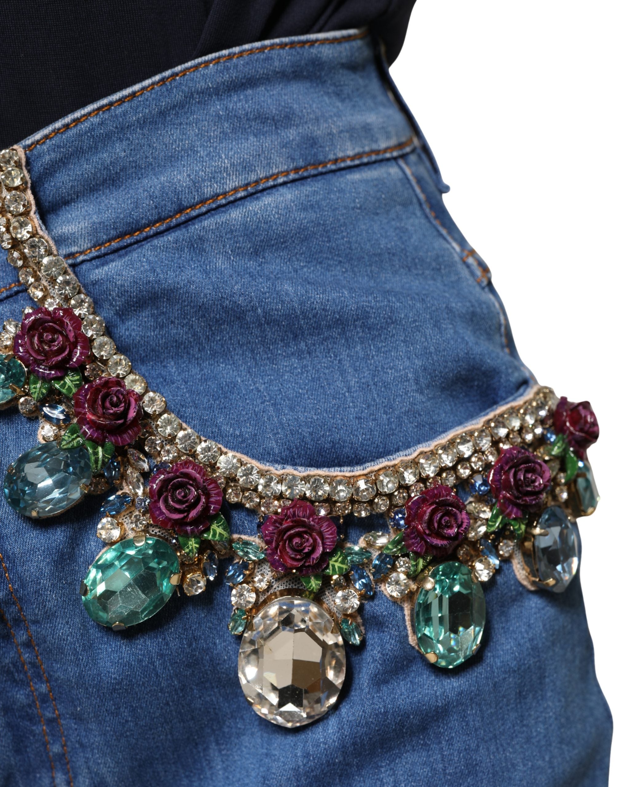 Dolce & Gabbana Blue Embellished Wide Cropped Denim Jeans