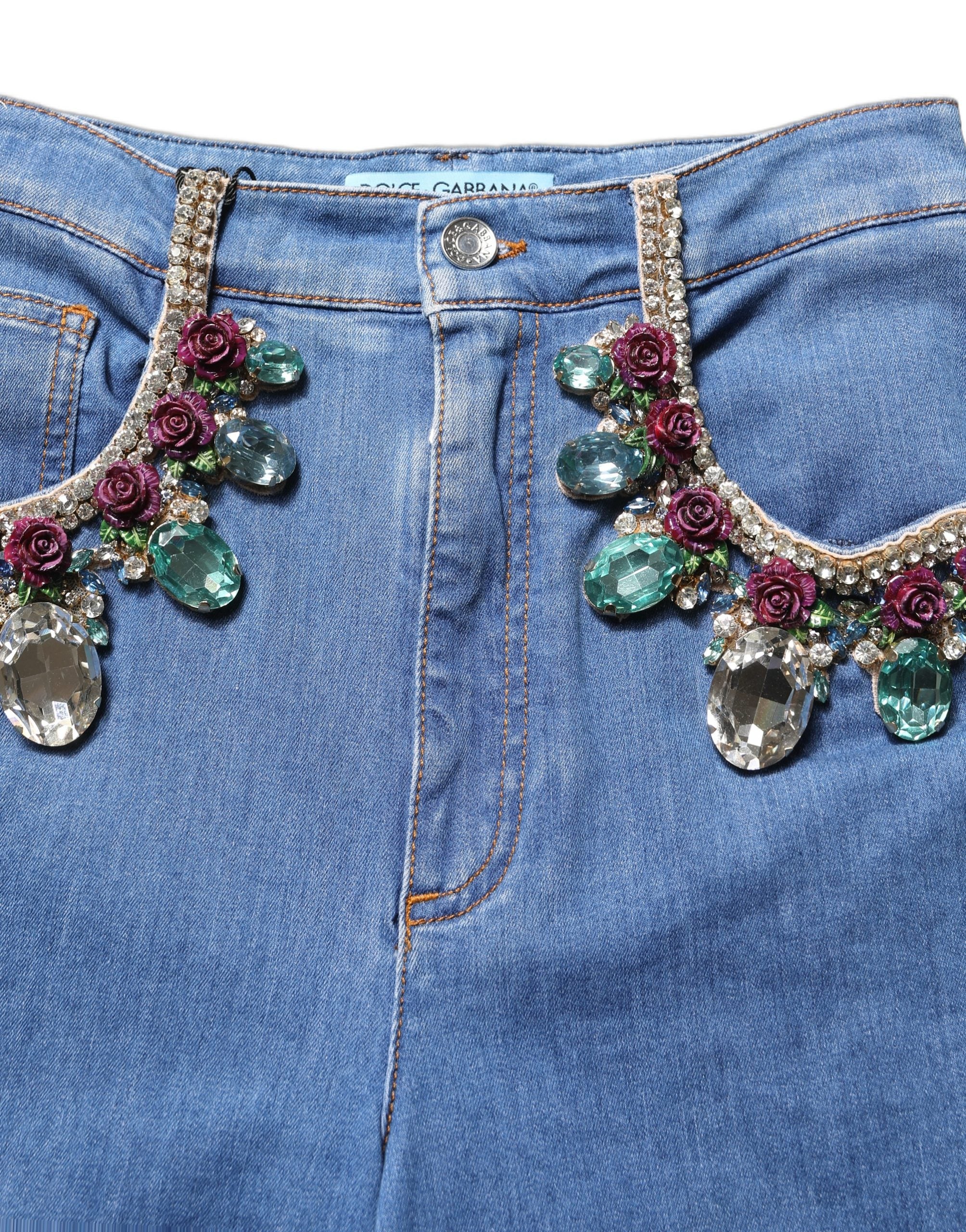 Dolce & Gabbana Blue Embellished Wide Cropped Denim Jeans