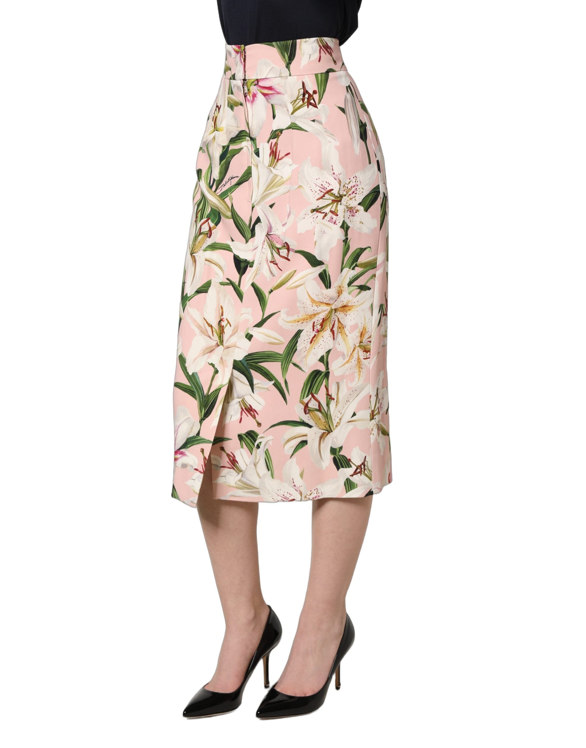 Dolce & Gabbana Pink Lilium Print High Waist Pencil Skirt