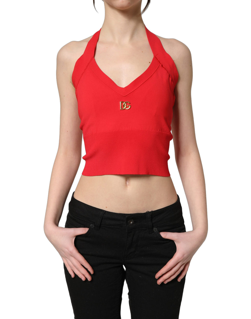 Dolce & Gabbana Red Viscose Sleeveless Halter Crop Tank Top