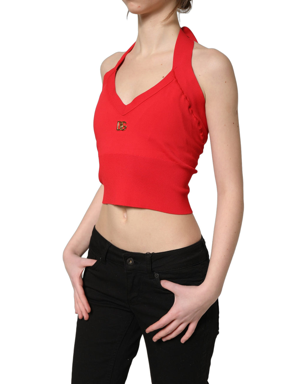 Dolce & Gabbana Red Viscose Sleeveless Halter Crop Tank Top