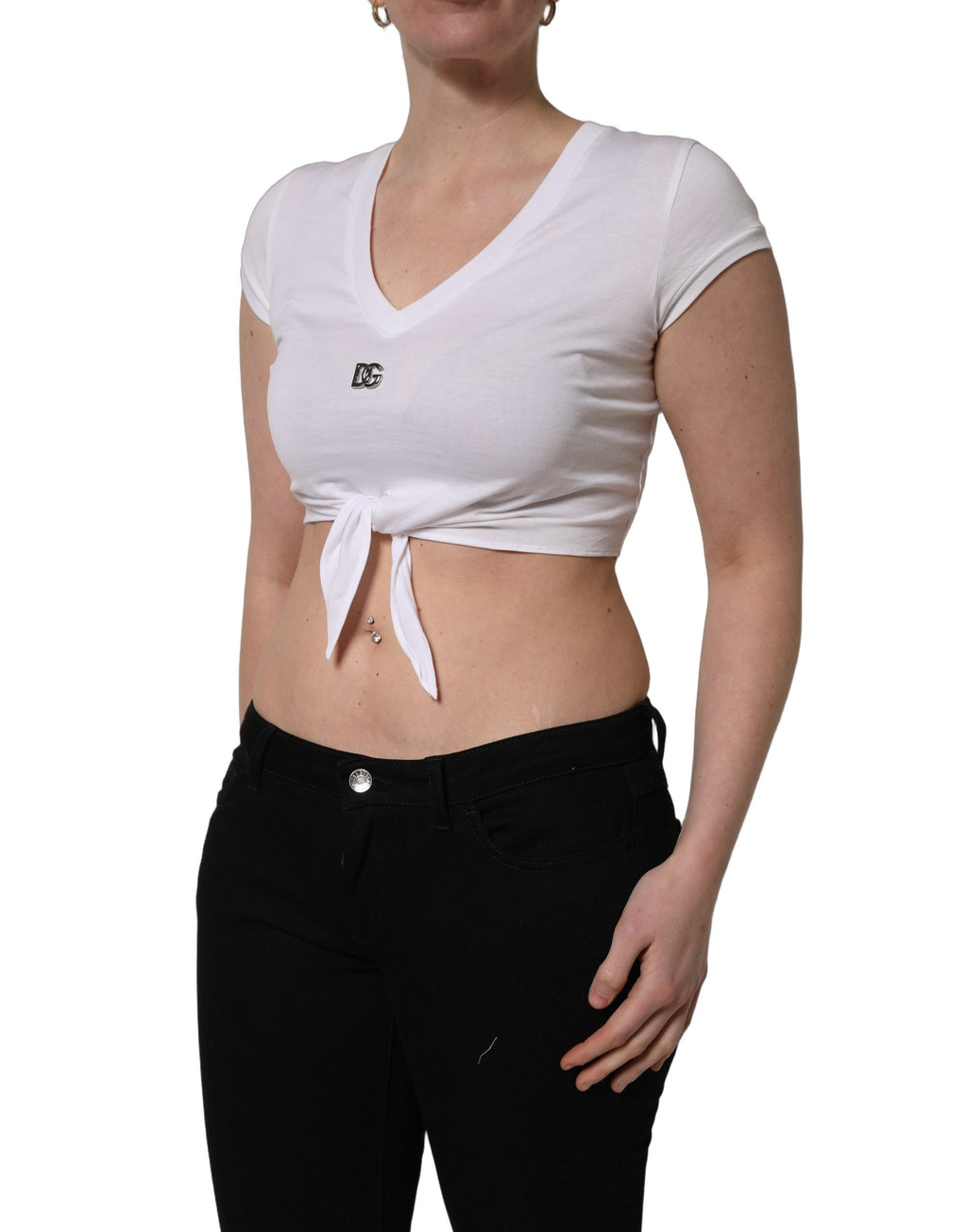 Dolce & Gabbana White Logo Embroidered Tie Waist Cropped Top