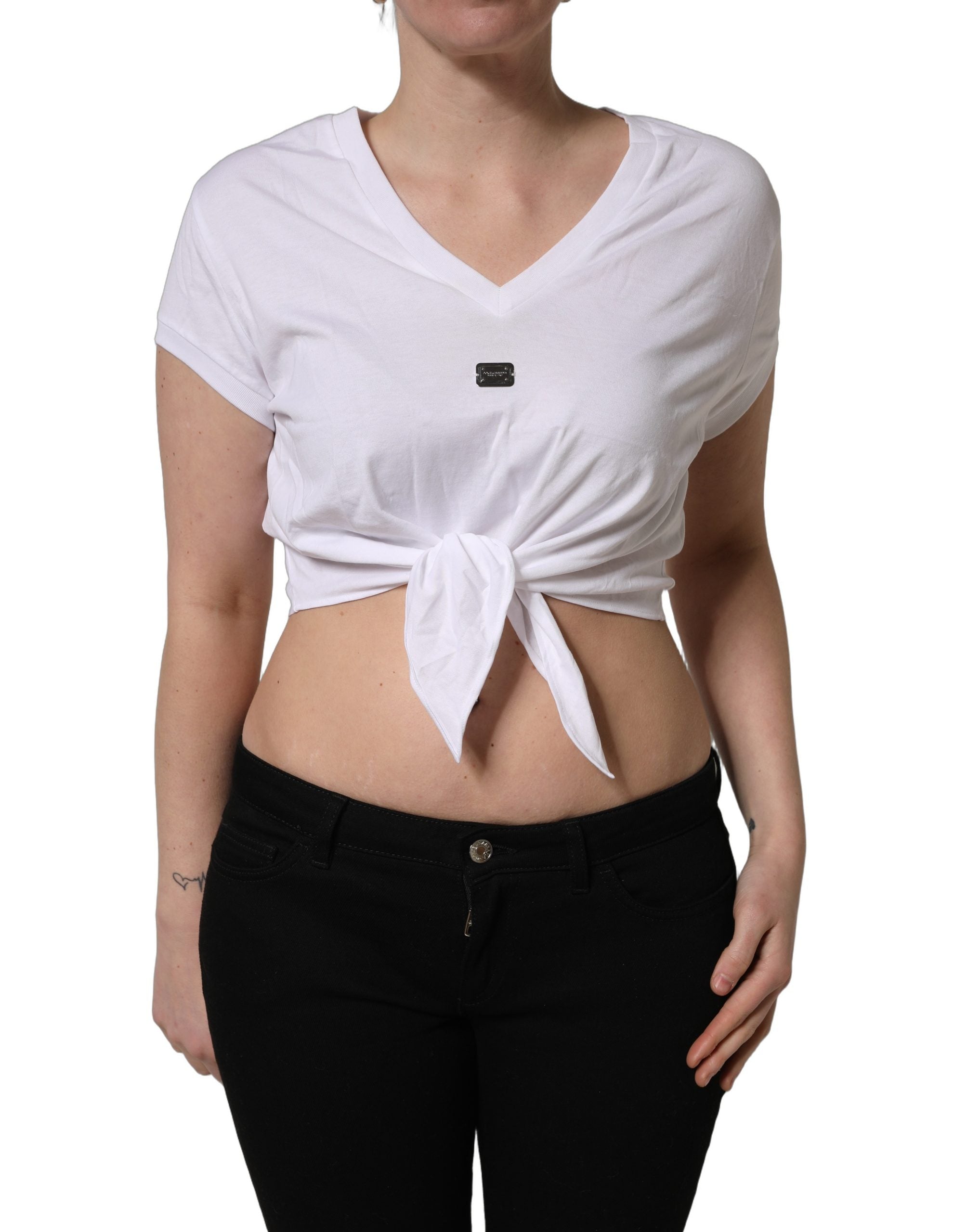 Dolce & Gabbana White Logo Embroidered TieWaist Cropped Top
